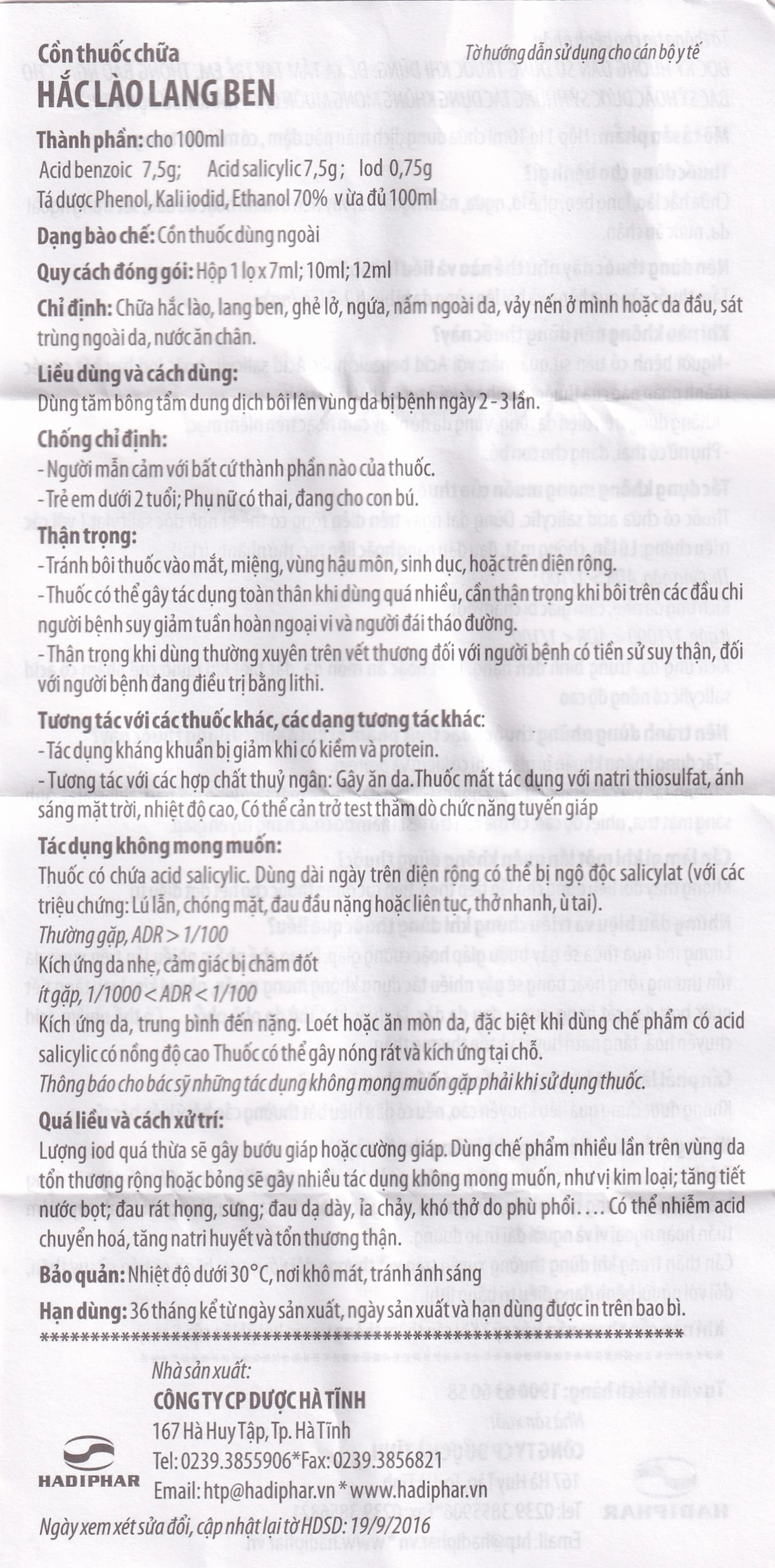 Cồn thuốc chữa Hắc Lào Lang Ben Hadiphar (10ml)