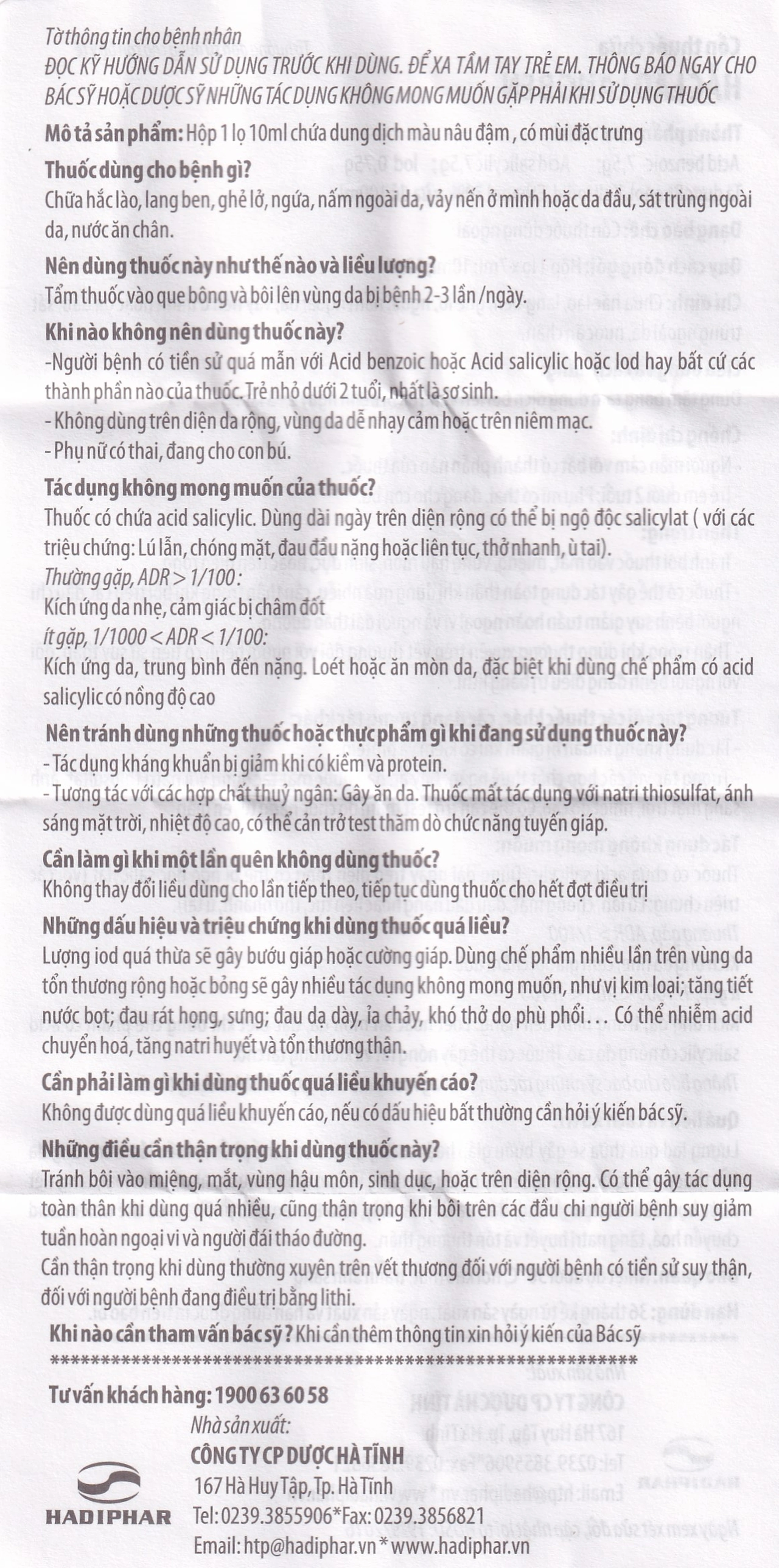 Cồn thuốc chữa Hắc Lào Lang Ben Hadiphar (10ml)