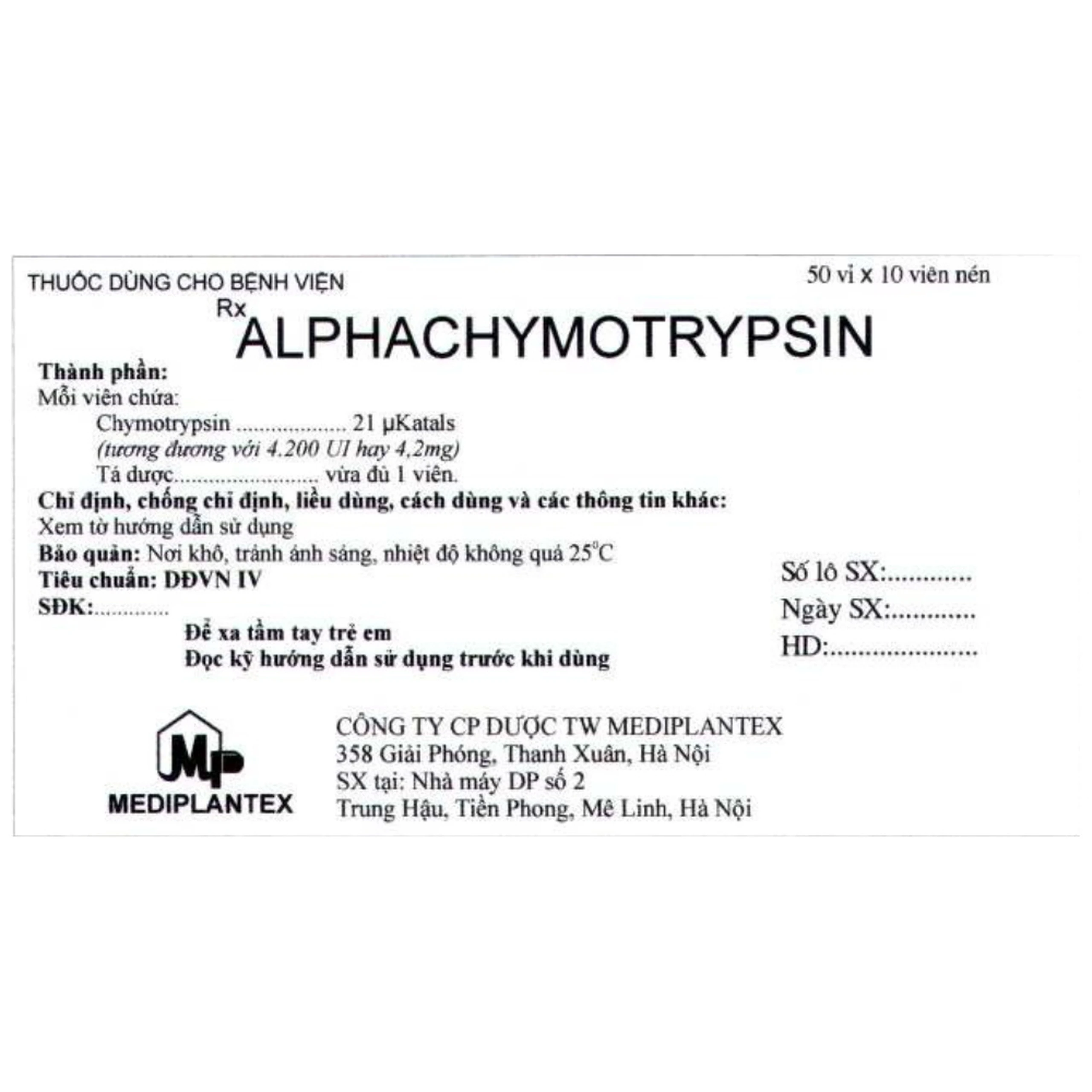 Thuốc Alphachymotrypsin Mediplantex điều trị phù nề, sưng do chấn thương, phẫu thuật (50 vỉ x 10 viên)
