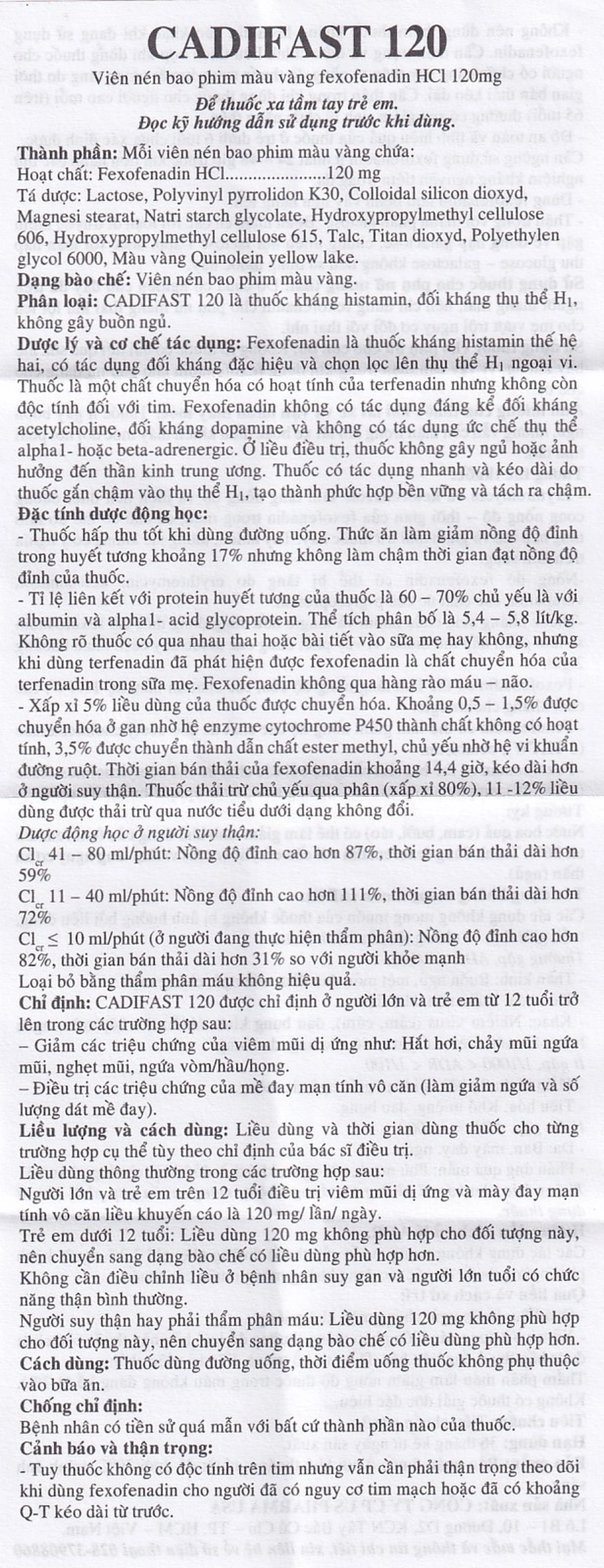 Thuốc Cadifast 120 USA Pharma điều trị mày đay mạn tính vô căn, giảm viêm mũi dị ứng (3 vỉ x 10 viên)