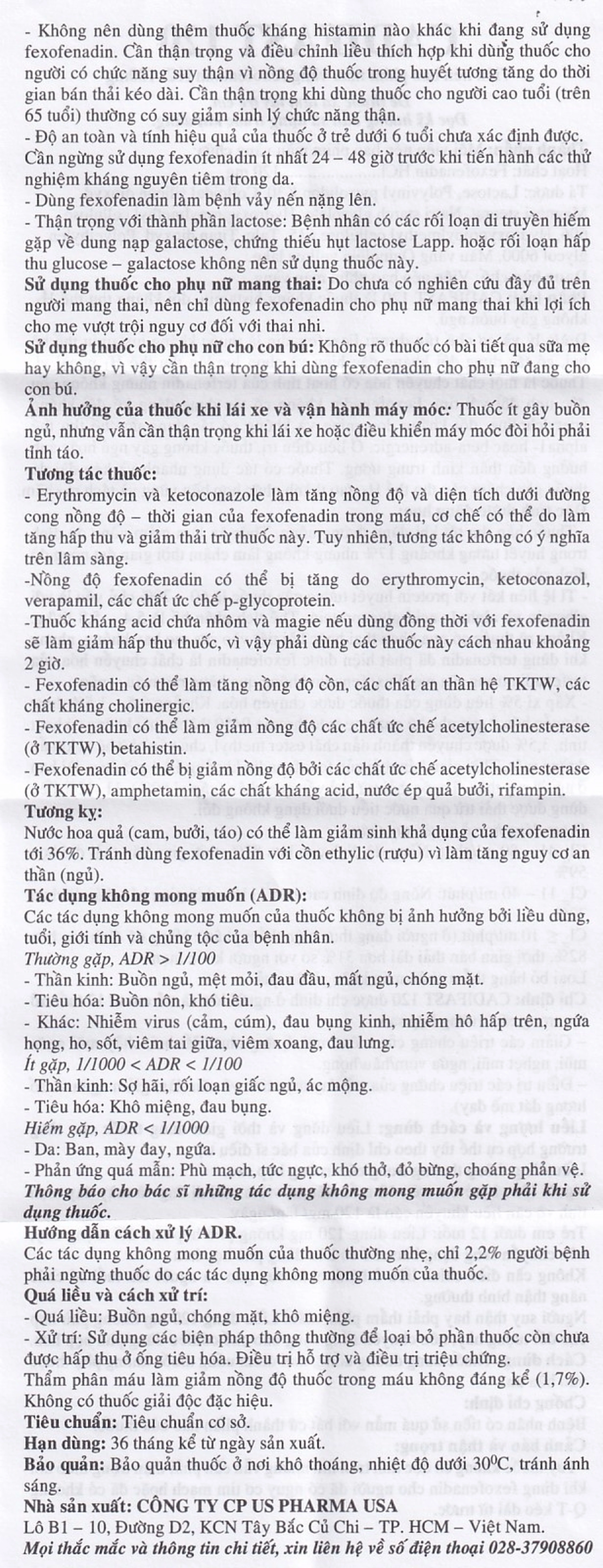 Thuốc Cadifast 120 USA Pharma điều trị mày đay mạn tính vô căn, giảm viêm mũi dị ứng (3 vỉ x 10 viên)