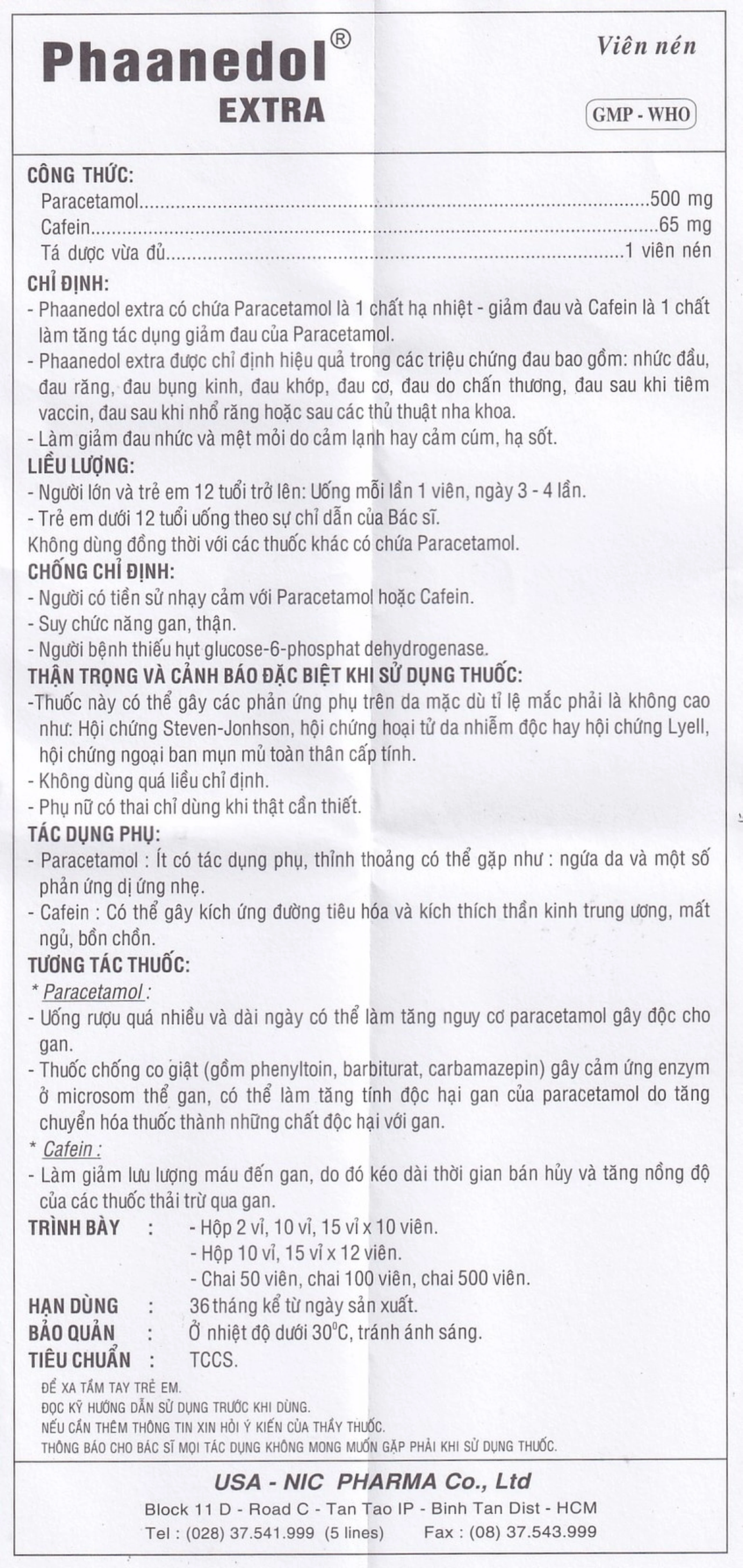 Viên nén Phaanedol Extra Usa - Nic Pharma giảm nhức đầu, đau răng, đau bụng kinh (180 viên)