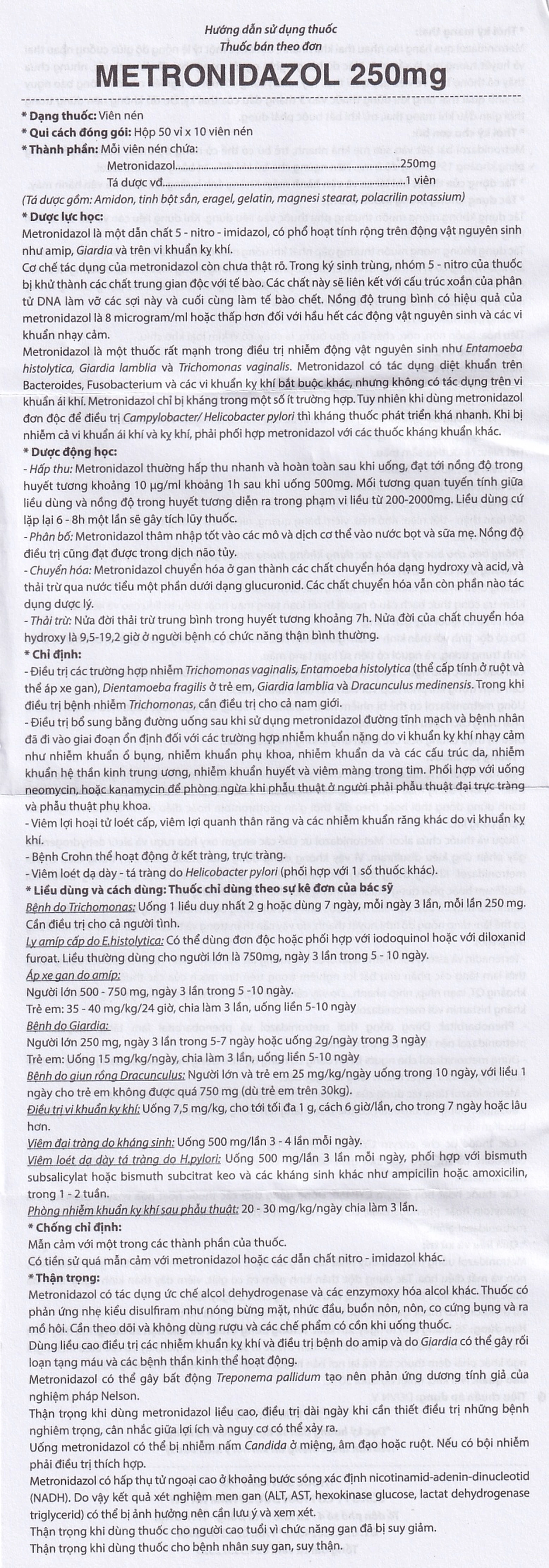 Viên nén Metronidazol 250mg Hataphar điều trị các chứng nhiễm khuẩn, viêm lợi (50 vỉ x 10 viên)