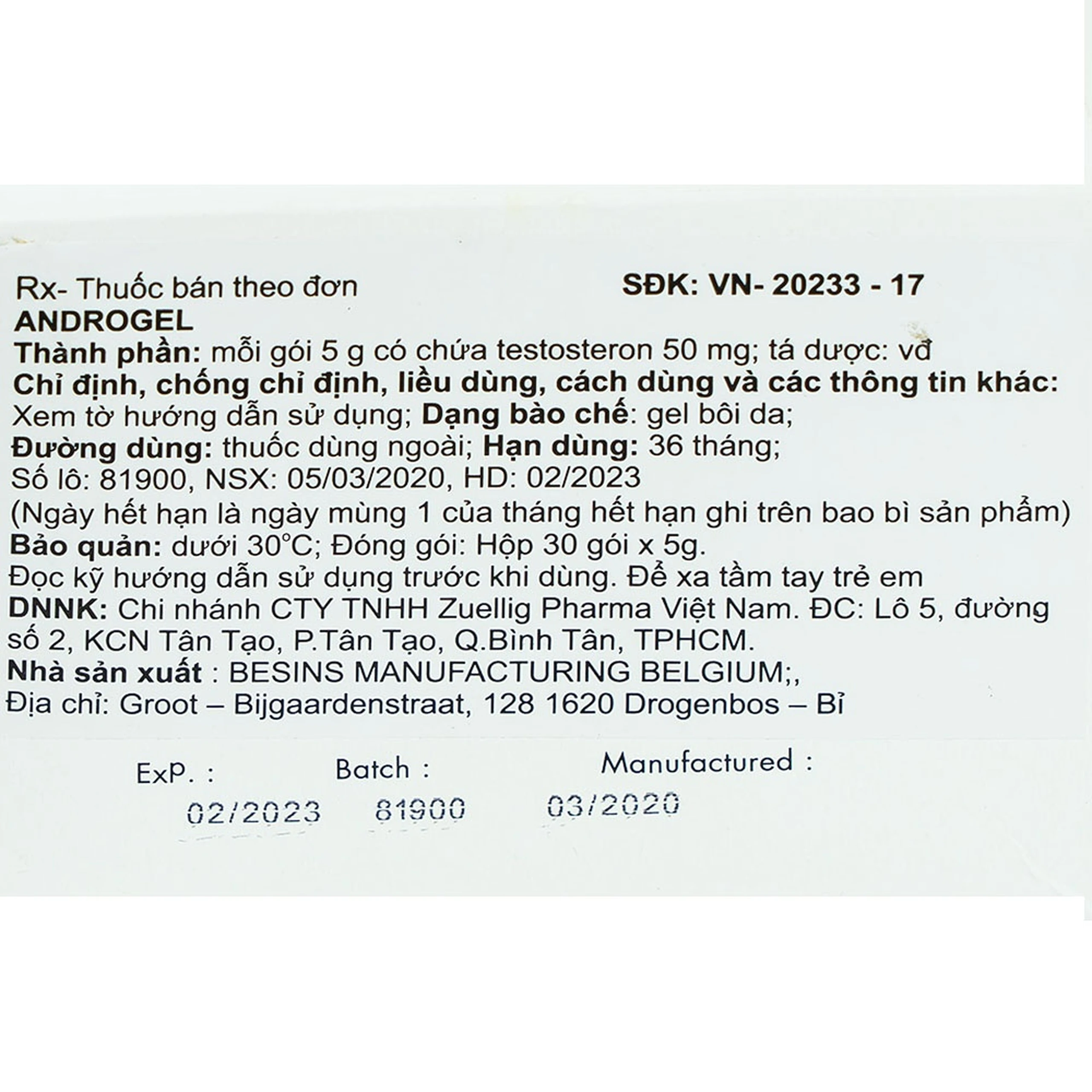 Gel bôi da Androgel 50mg/5g Besins hỗ trợ điều trị thiểu năng tuyến sinh dục nam giới (30 gói x 5g)