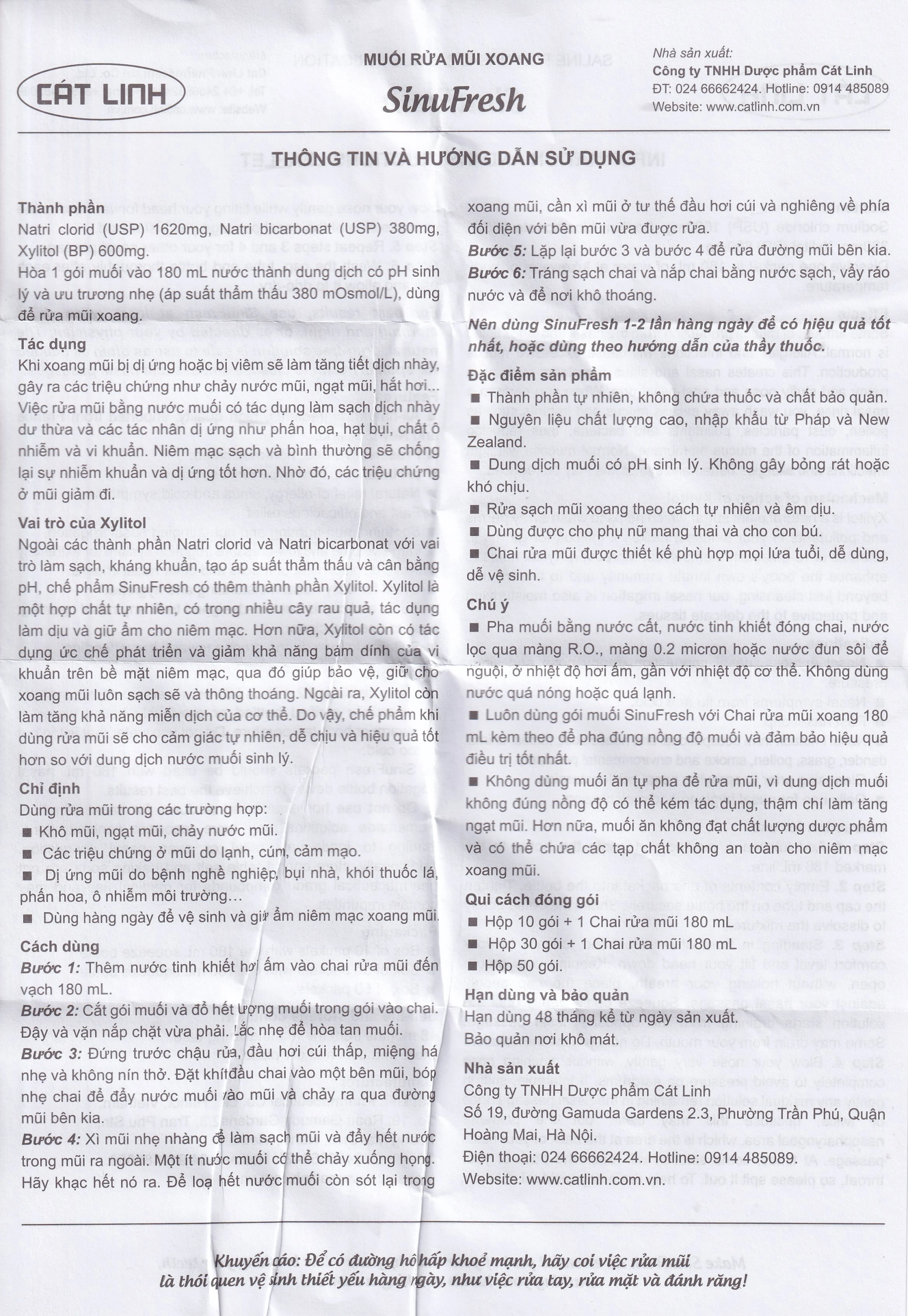 Muối rửa mũi xoang Sinufresh Cát Linh (30 gói và 1 chai 180ml) giúp làm sạch, giảm ngạt mũi, sổ mũi