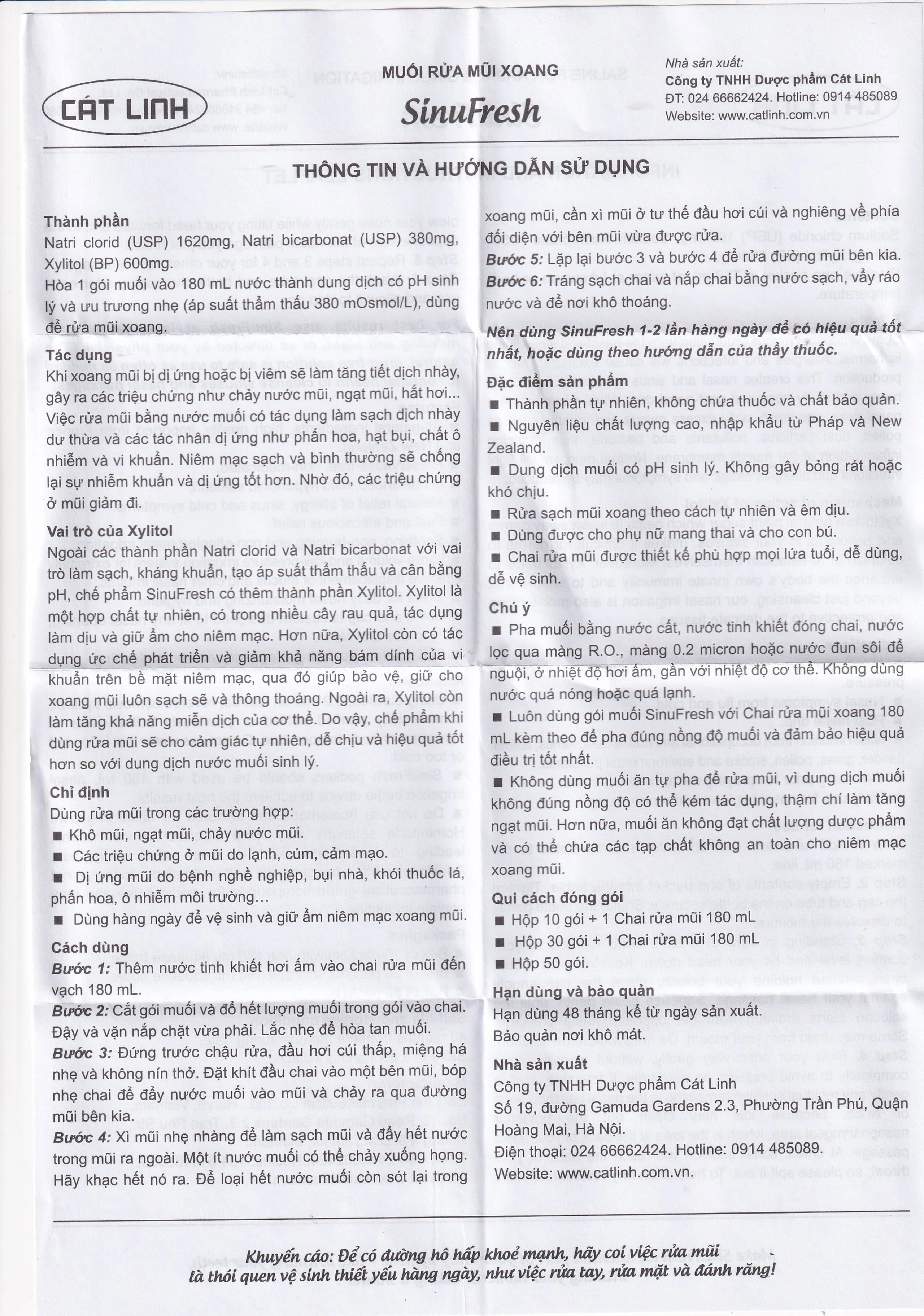 Muối rửa mũi xoang Sinufresh Cát Linh (50 gói) giúp làm sạch, giảm ngạt mũi, sổ mũi