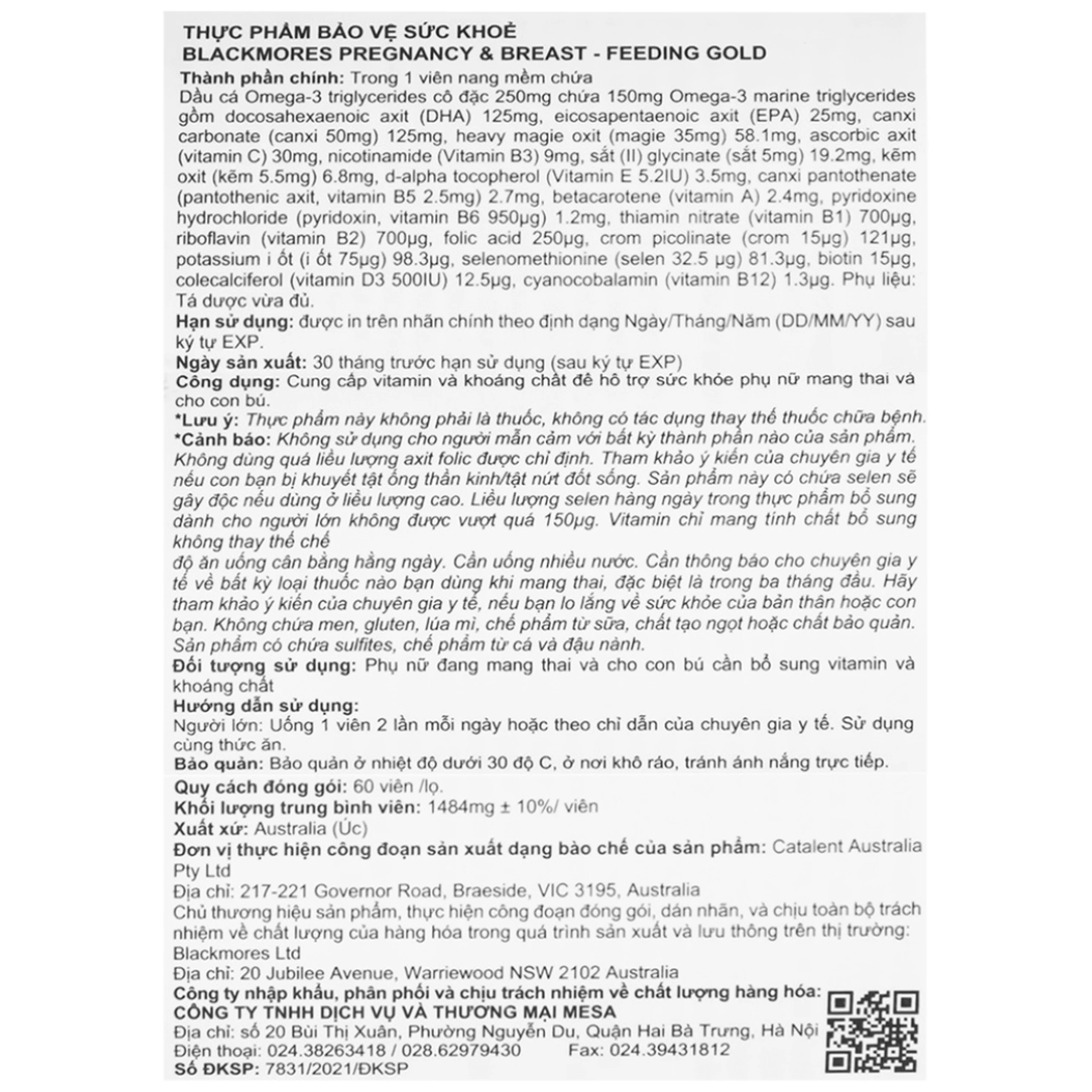 Viên hỗ trợ sức khỏe phụ nữ mang thai Blackmores Pregnancy & Breast - Feeding Gold (60 viên)