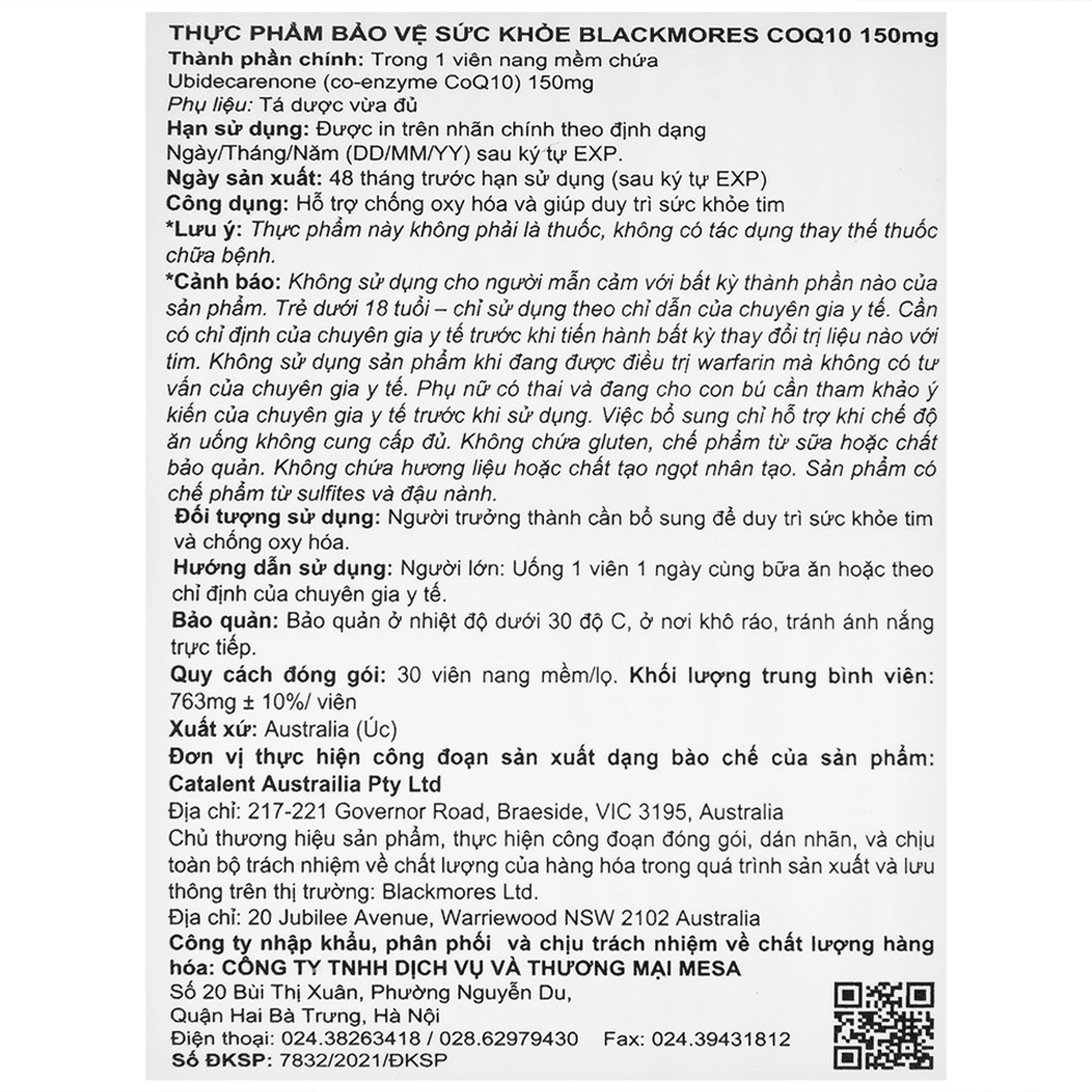 Viên giúp duy trì sức khỏe tim Blackmores CoQ10 150mg (30 viên)