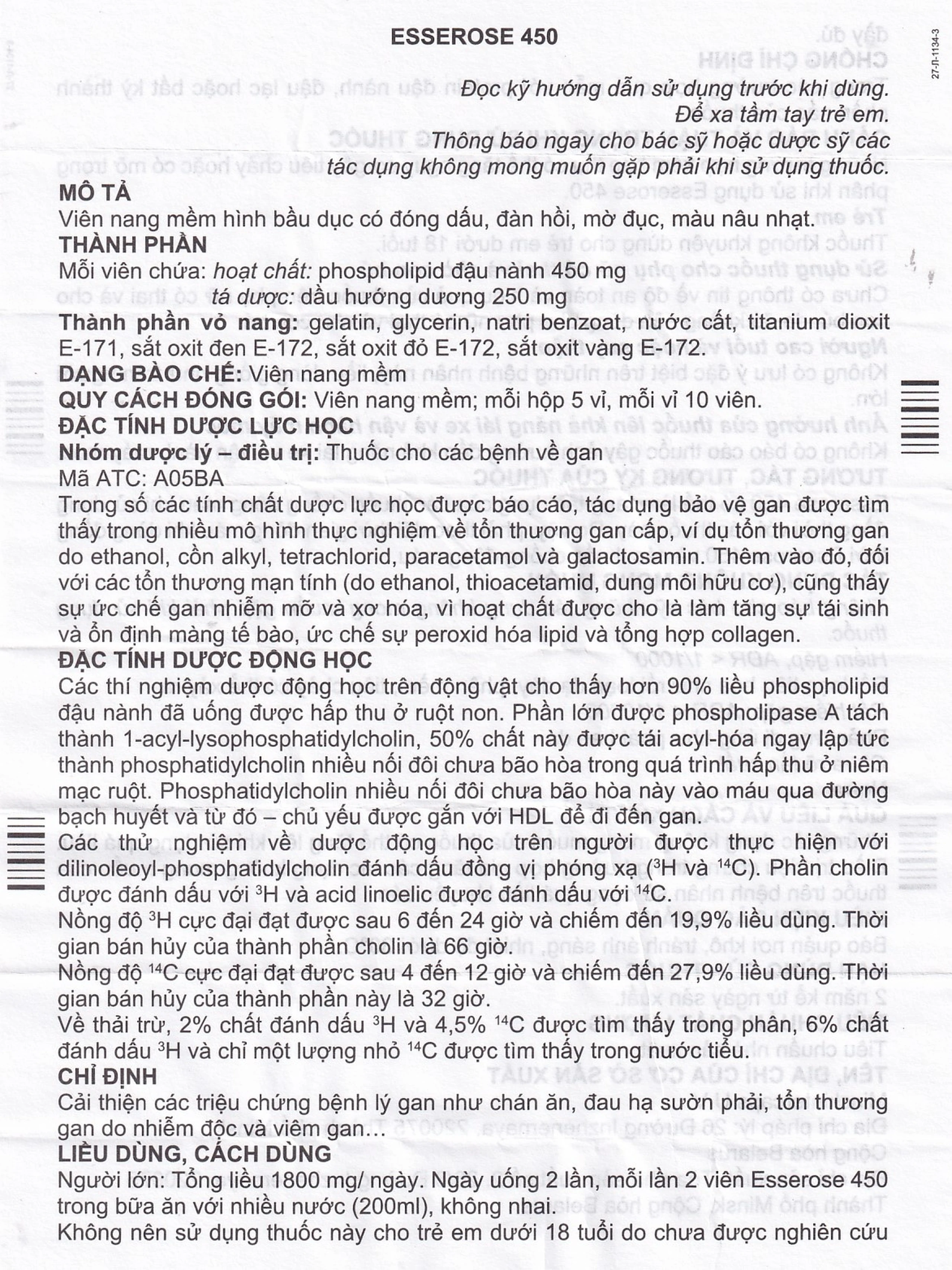Thuốc Esserose 450 Minskintercaps cải thiện các triệu chứng bệnh lý gan (5 vỉ x 10 viên)