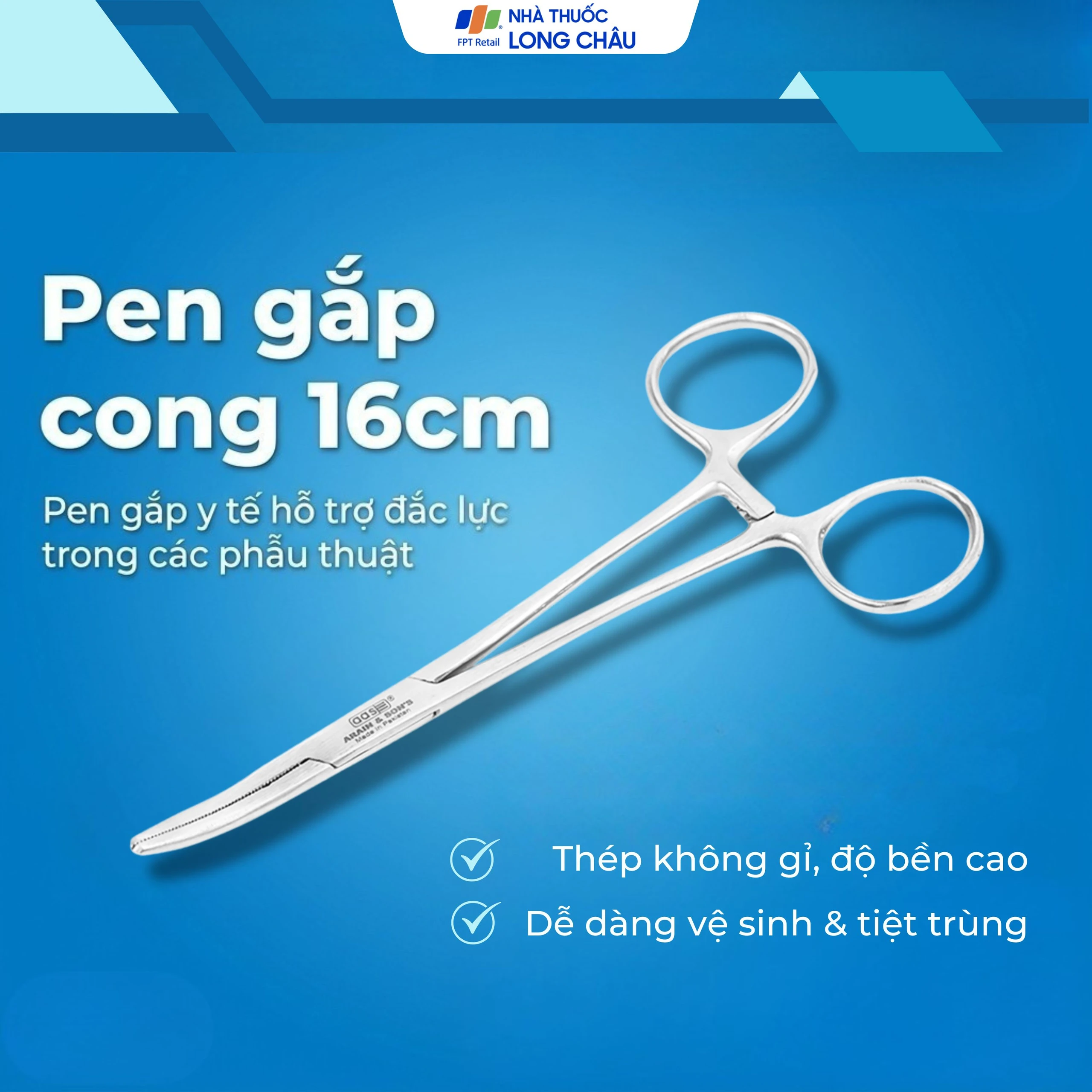 Pen gắp cong không mấu size 16cm dùng kẹp bông băng, băng gạc rửa vết thương 2