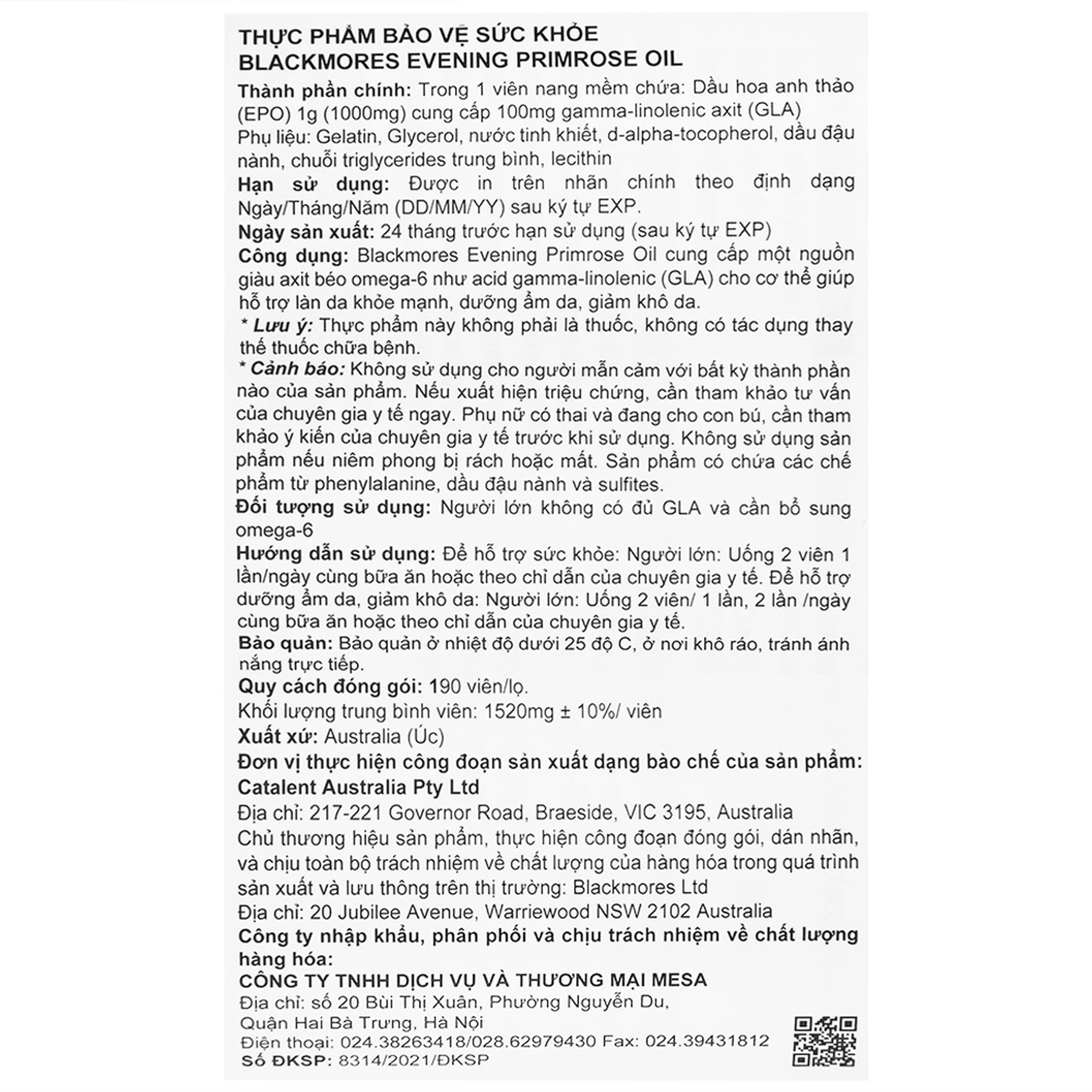 Viên hỗ trợ làn da khỏe mạnh Blackmores Evening Primrose Oil (190 viên)