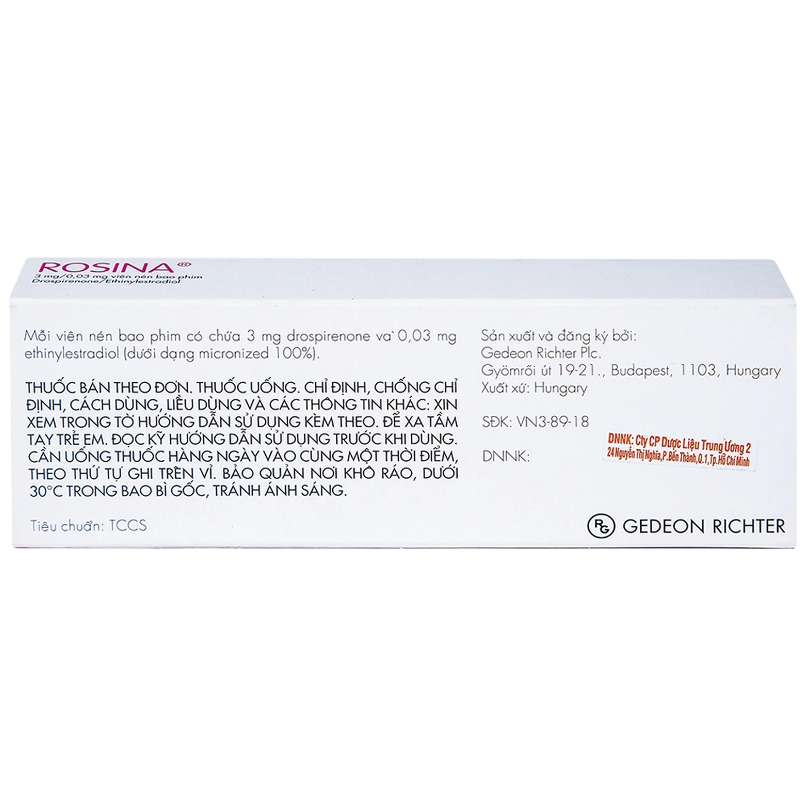 Thuốc Rosina 3mg/0.03mg Gedeon dùng để tránh thai (1 vỉ x 21 viên)