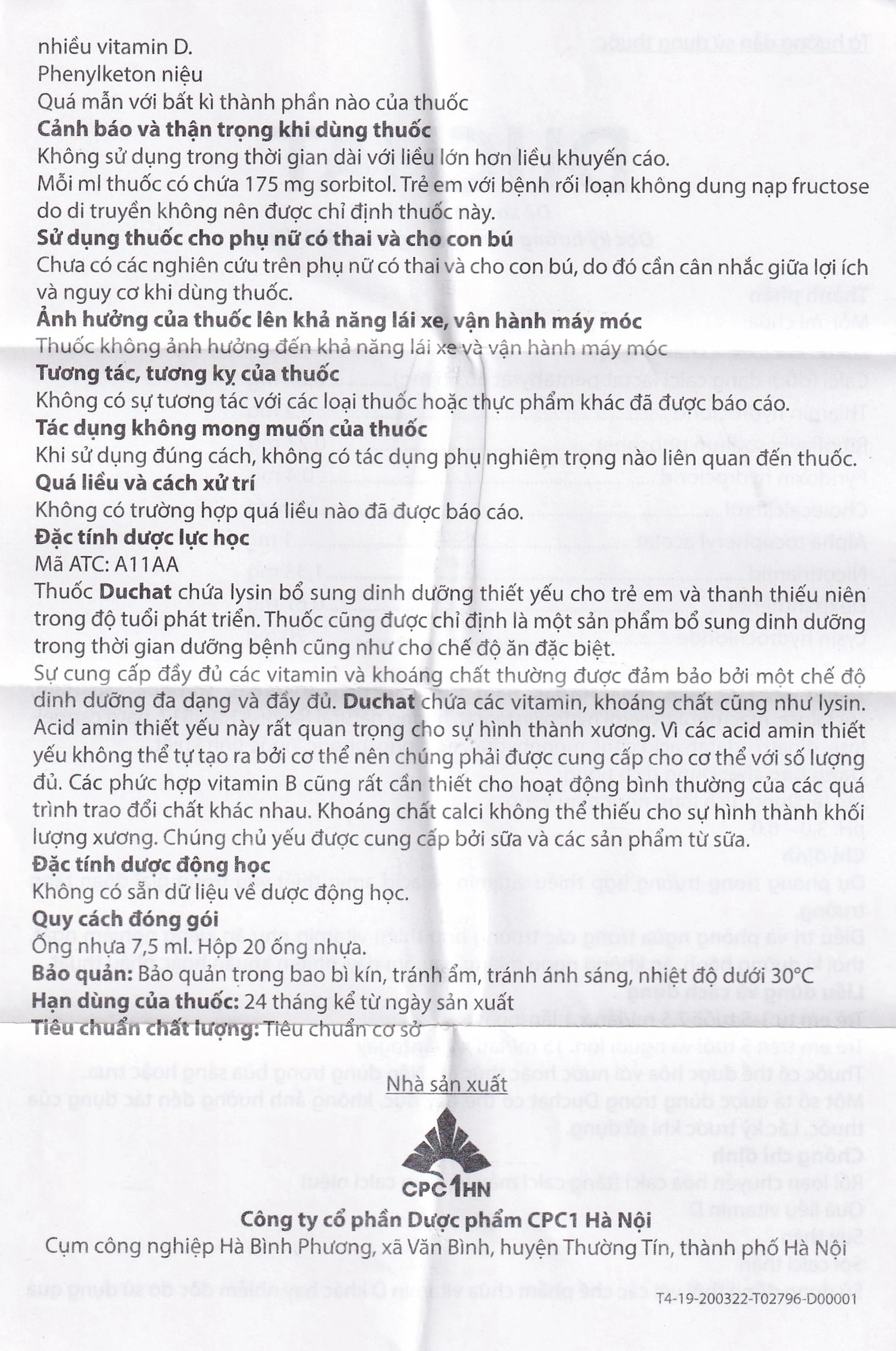 Dung dịch uống Duchat CPC1 dự phòng trường hợp thiếu Vitamin và Acid Amin (4 vỉ x 5 ống x 7.5ml)