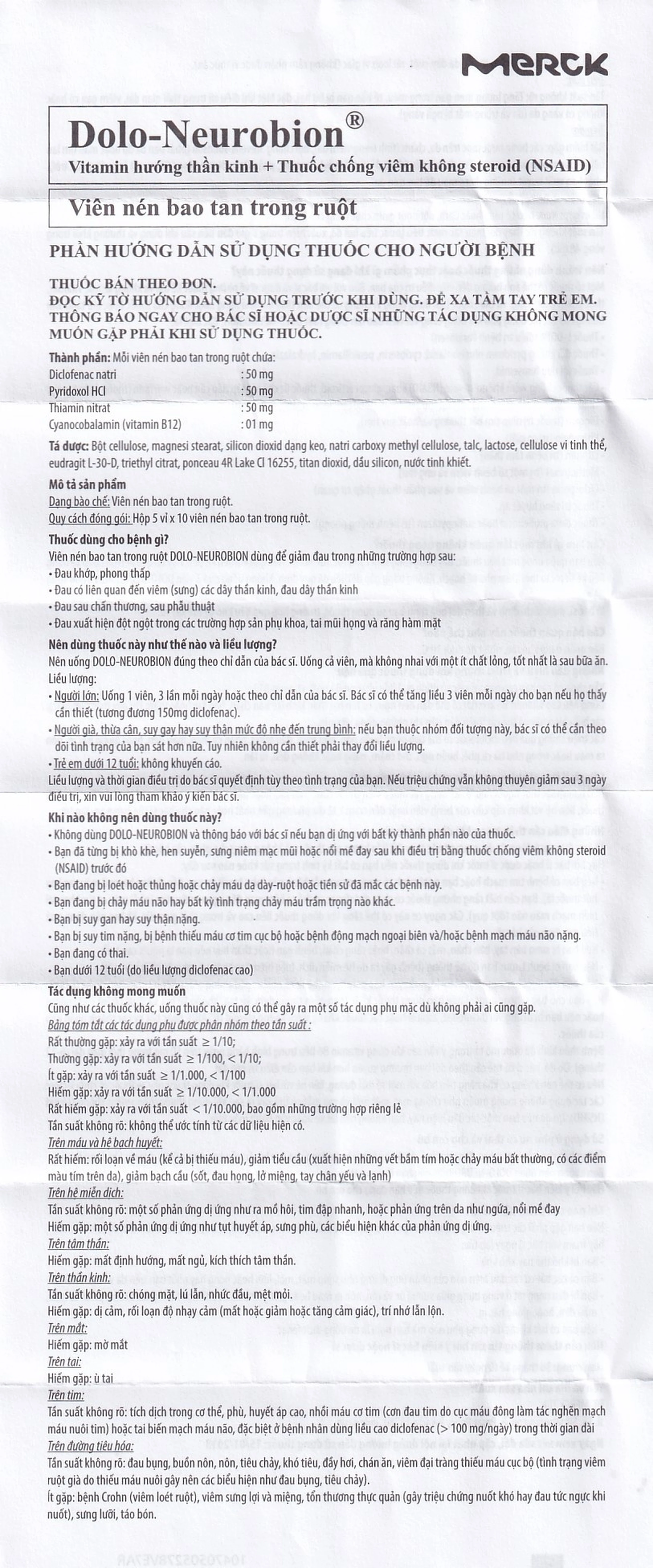 Thuốc Dolo-Neurobion Merck giảm đau khớp, phong thấp (5 vỉ x 10 viên)