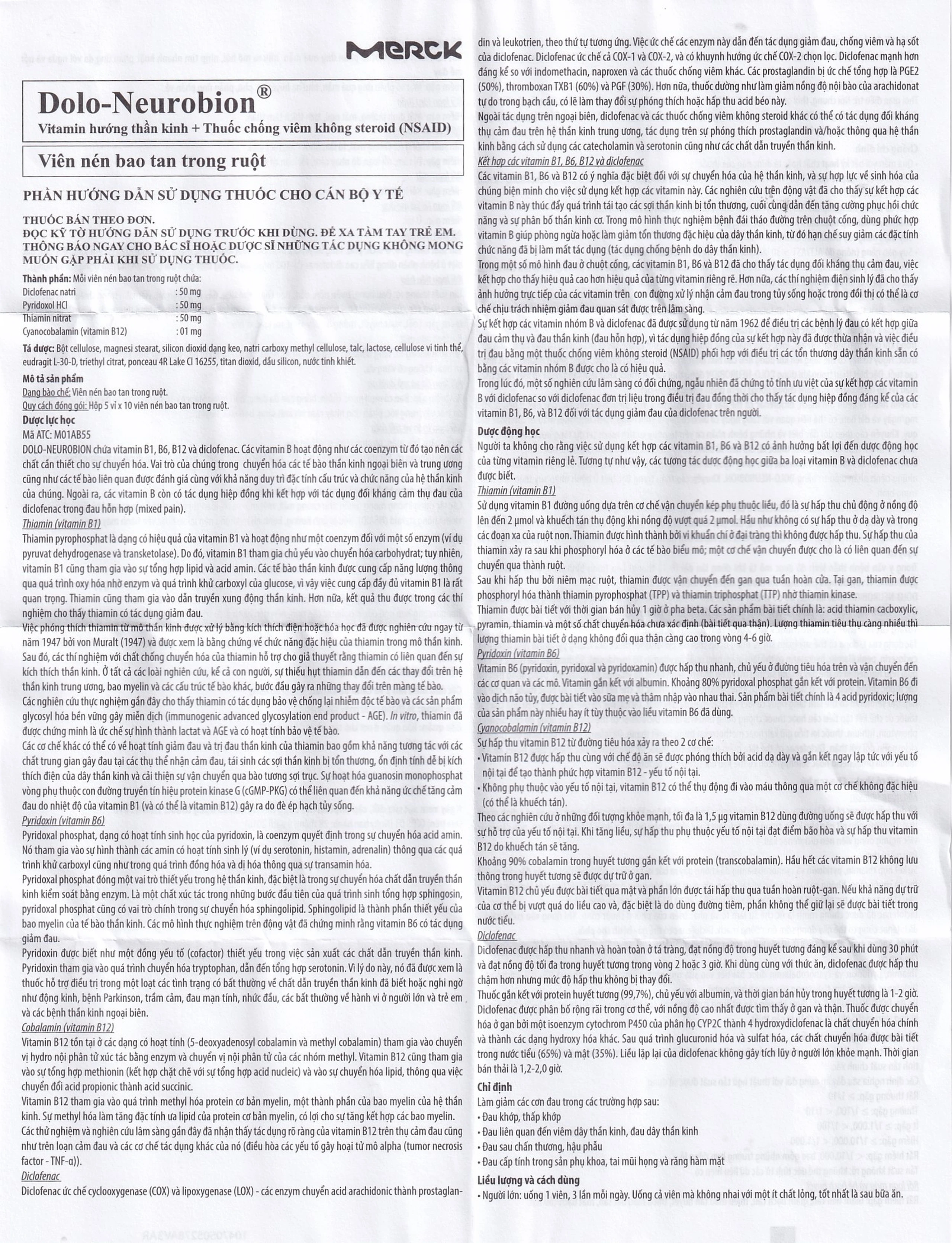 Thuốc Dolo-Neurobion Merck giảm đau khớp, phong thấp (5 vỉ x 10 viên)
