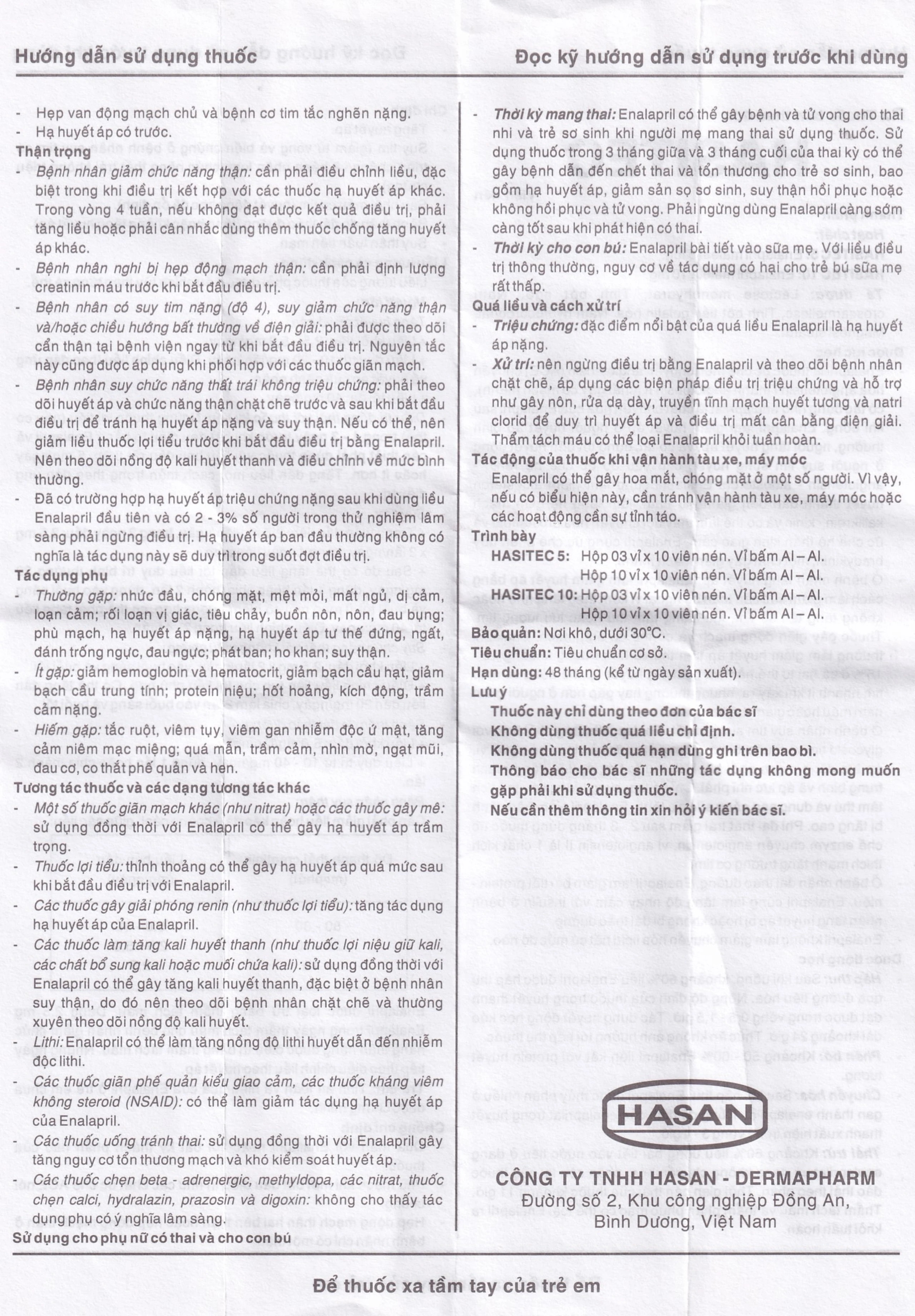 Thuốc Hasitec 10 Hasan điều trị tăng huyết áp, suy tim (3 vỉ x 10 viên)