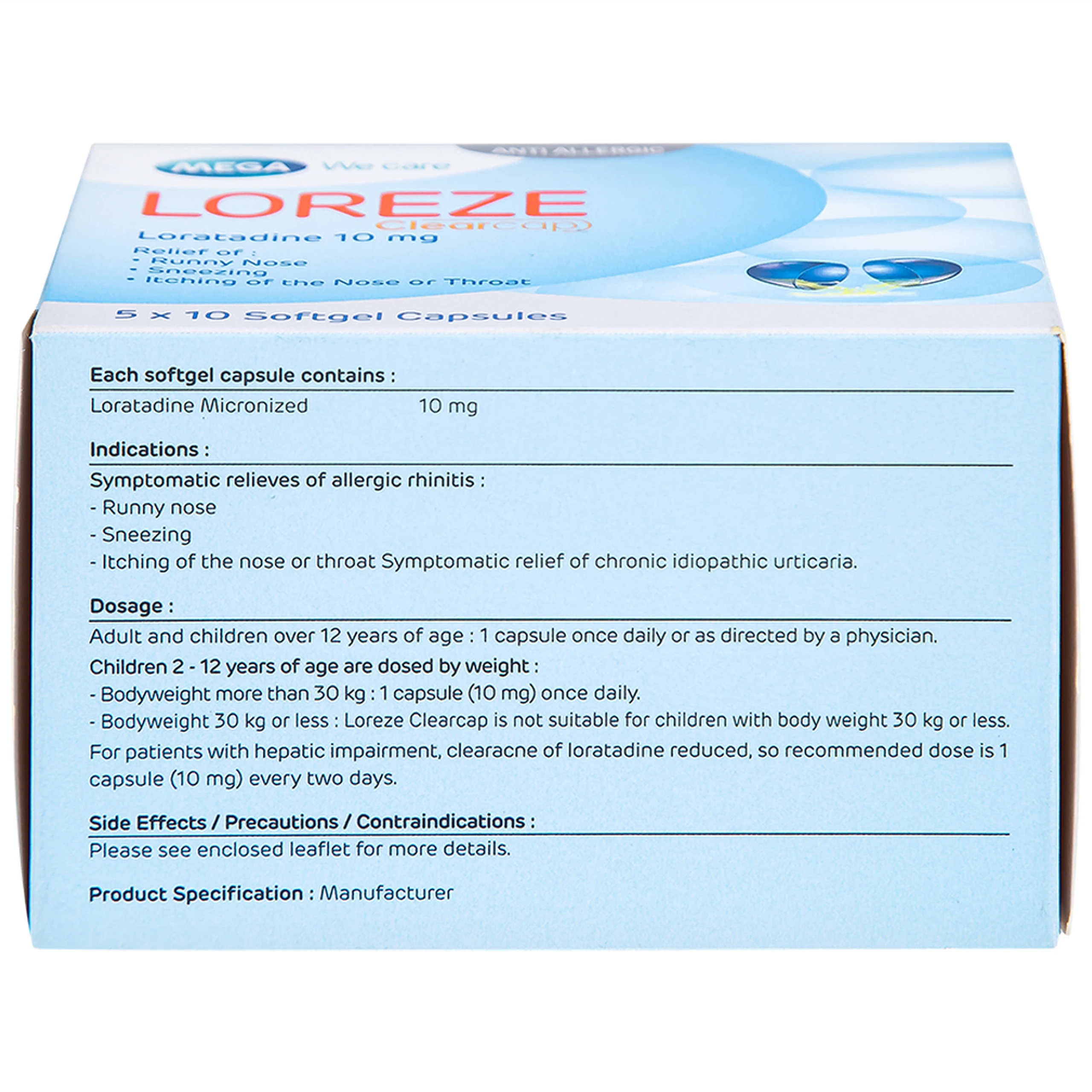 Viên nang mềm Loreze 10mg MEGA We care điều trị viêm mũi dị ứng, mày đay (5 vỉ x 10 viên)