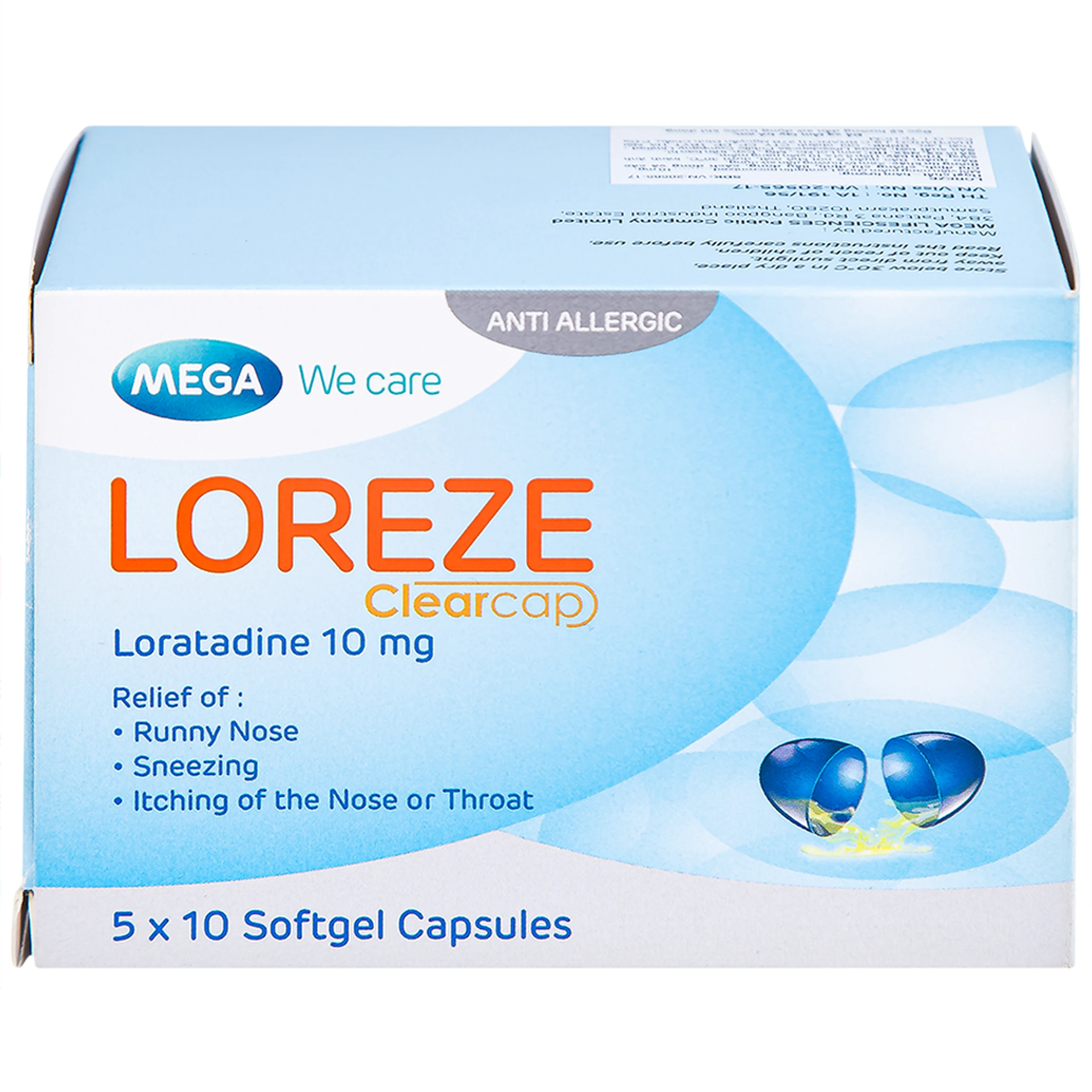 Viên nang mềm Loreze 10mg MEGA We care điều trị viêm mũi dị ứng, mày đay (5 vỉ x 10 viên)