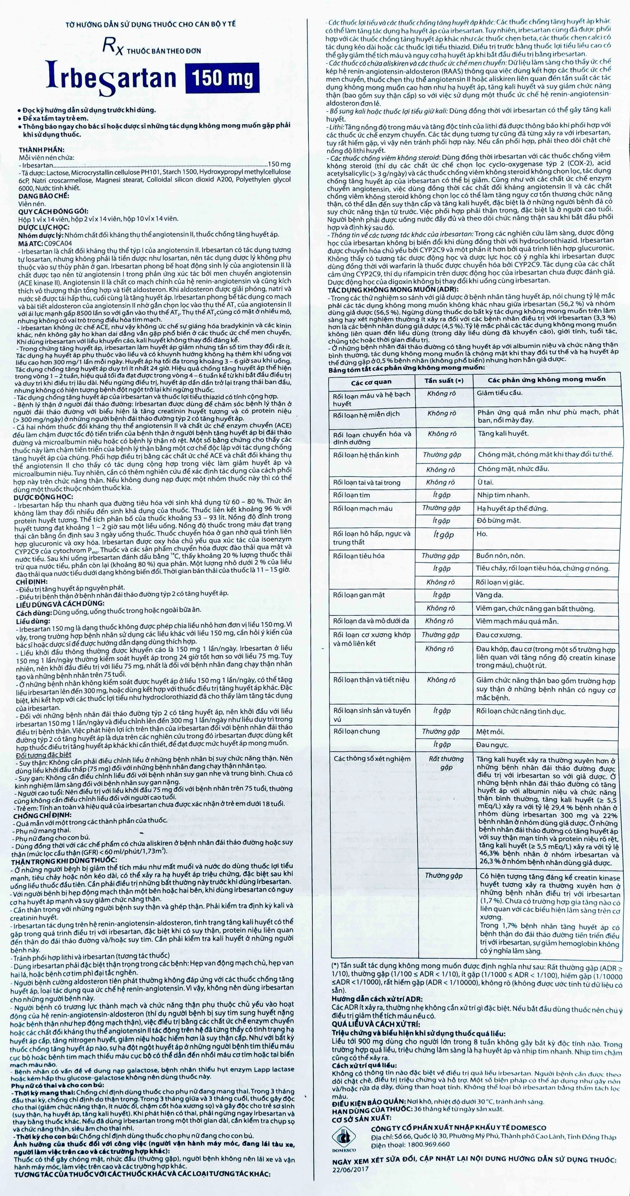 Thuốc Irbesartan 150mg Domesco điều trị tăng huyết áp, bệnh thận (2 vỉ x 14 viên)