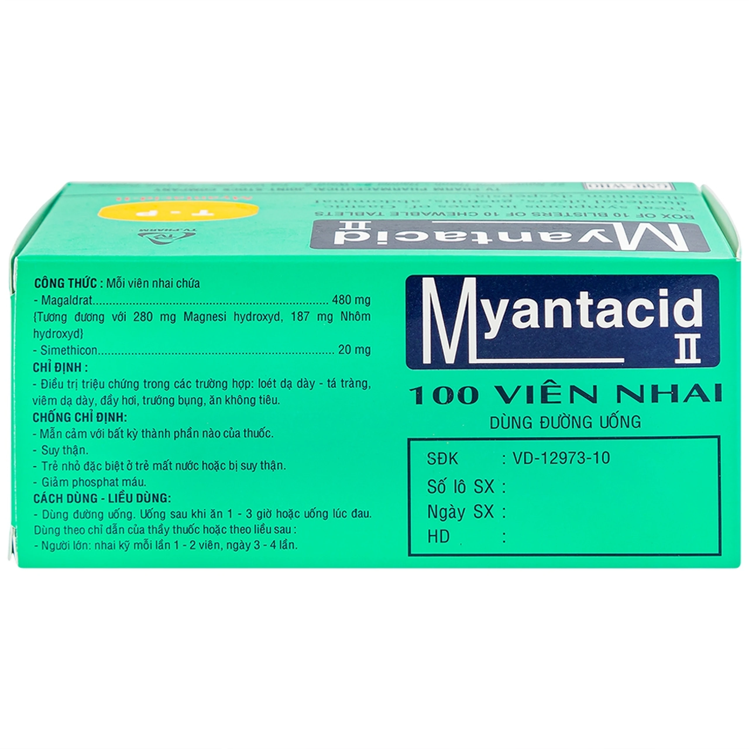 Viên nhai Myantacid-II TV.Pharm điều trị loét dạ dày - tá tràng, viêm dạ dày (10 vỉ x 10 viên) 