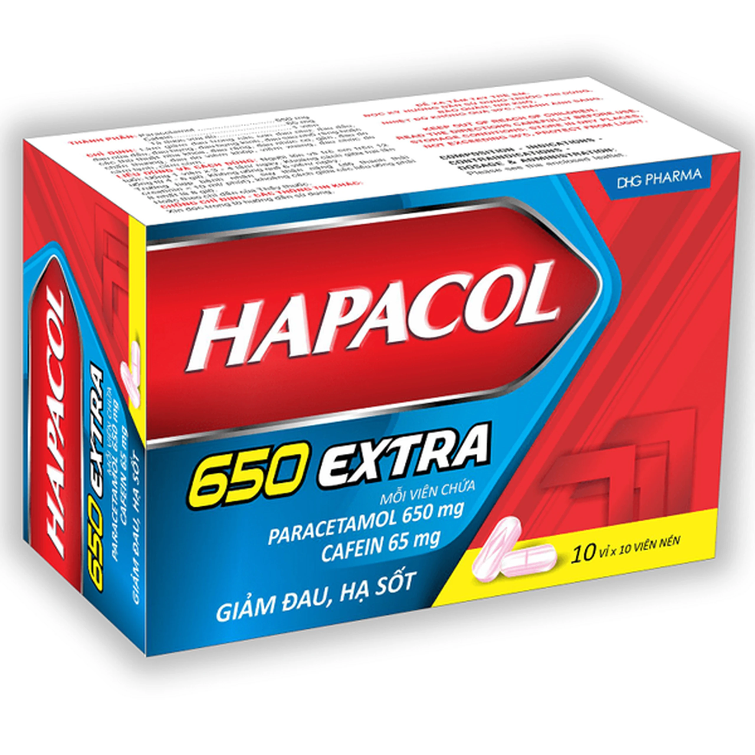 Thuốc Hapacol 650 Extra DHG điều trị đau đầu, đau nửa đầu, đau họng (10 vỉ x 10 viên)