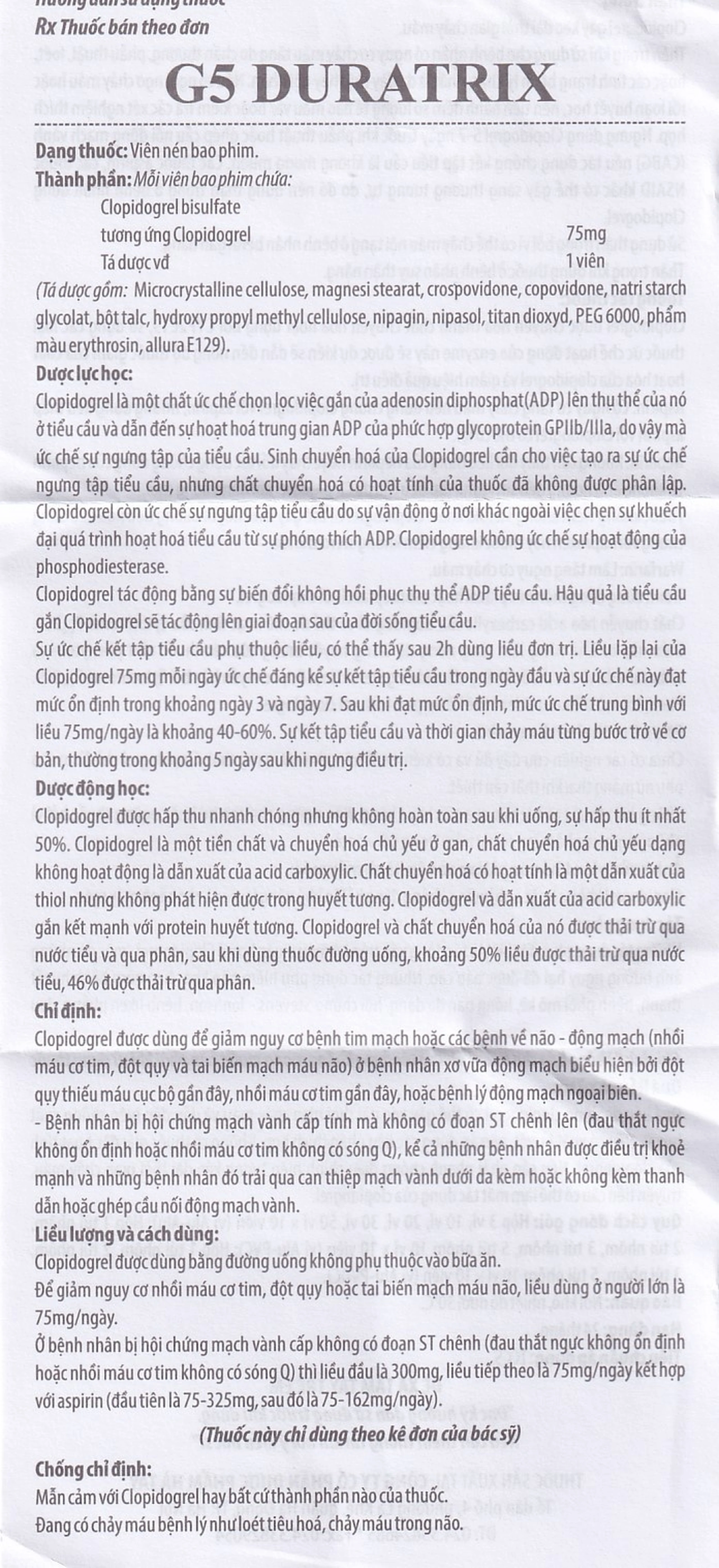 Thuốc G5 Duratrix Hà Tây giảm nguy cơ nhồi máu cơ tim, đột quỵ, tai biến mạch máu não (5 túi x 10 vỉ x 10 viên)