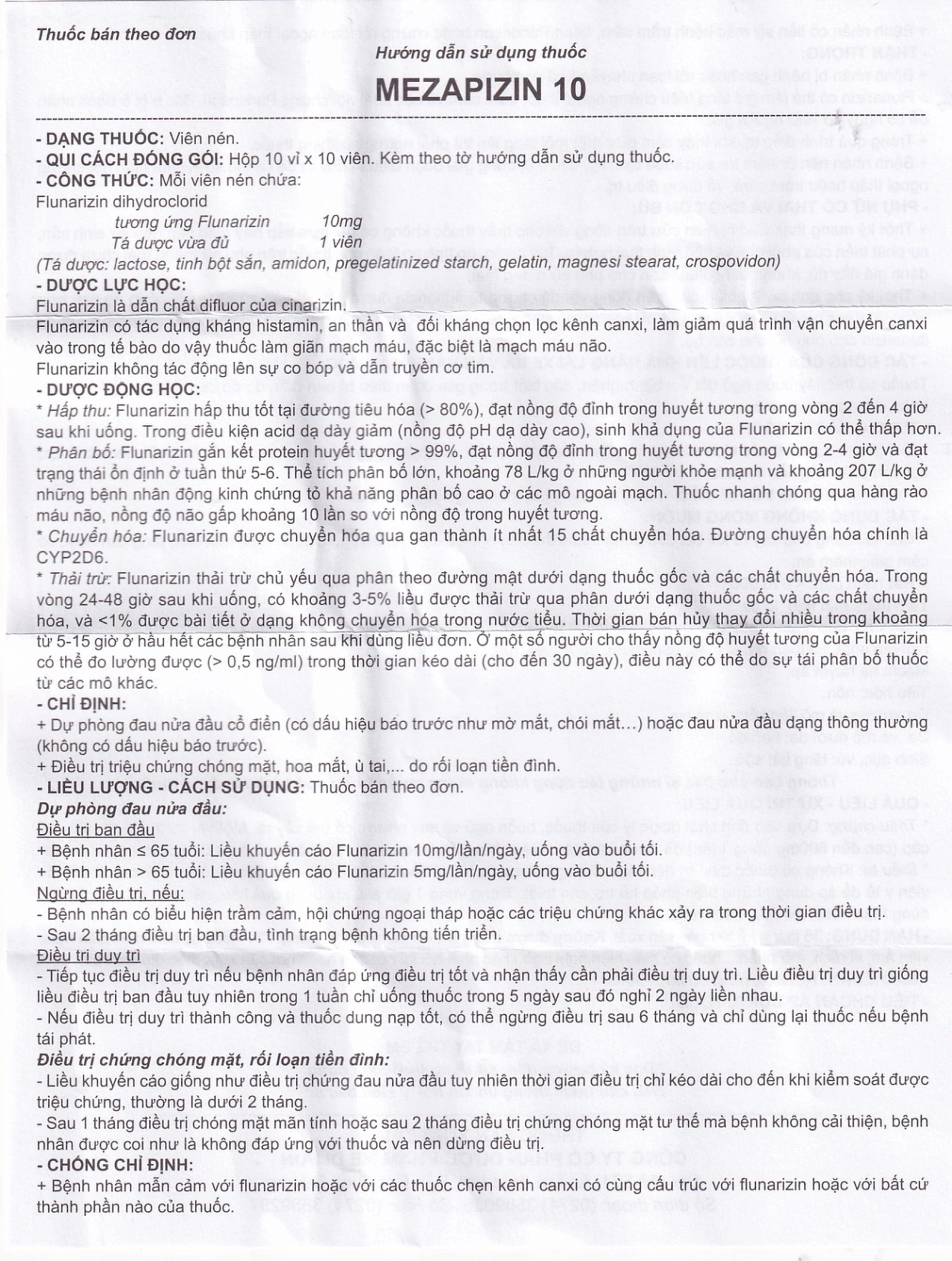 Viên nén Mezapizin 10 Medisun điều trị đau nửa đầu (10 vỉ x 10 viên)