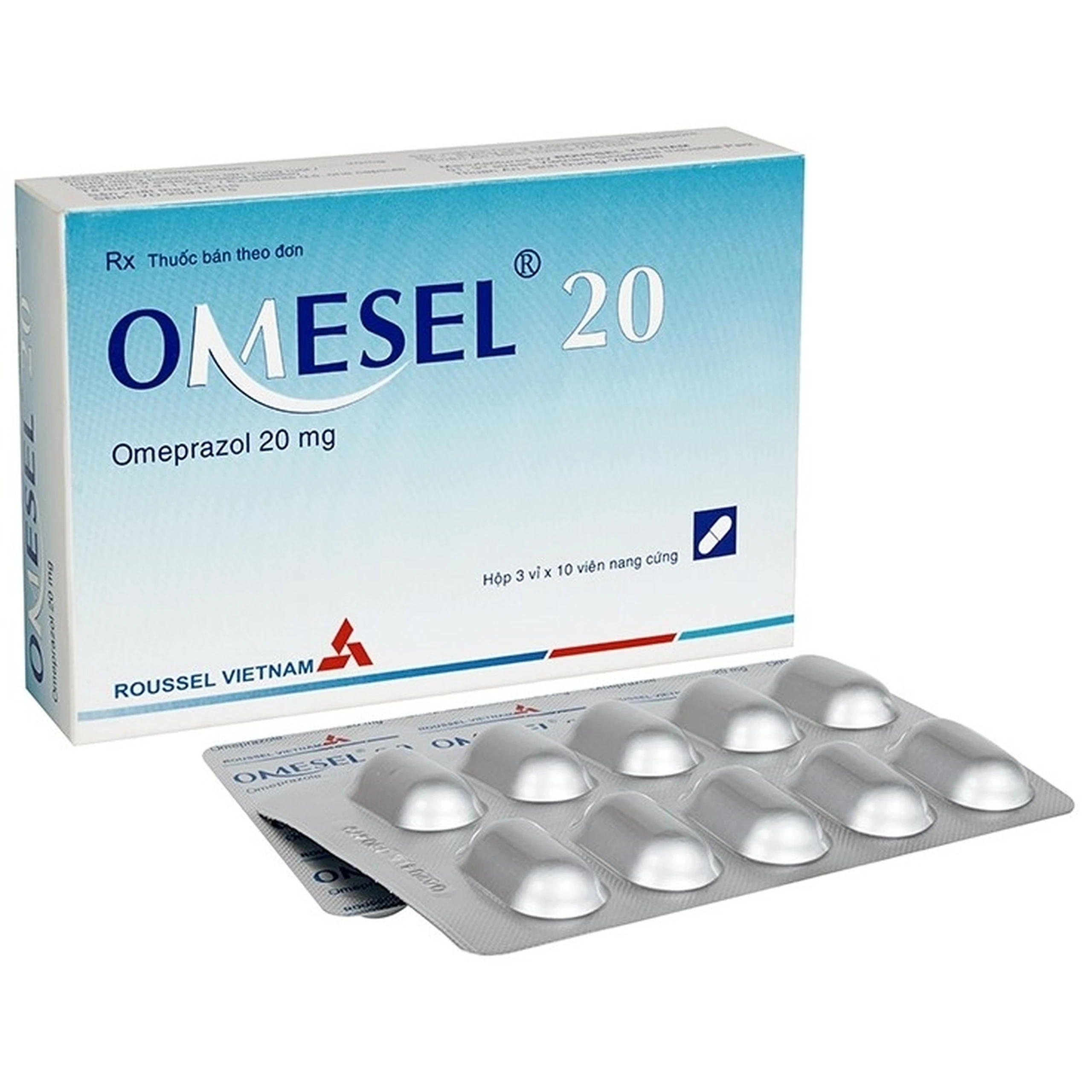 Viên nang cứng Omesel 20 Roussel điều trị và phòng ngừa tái phát loét dạ dày (3 vỉ x 10 viên)