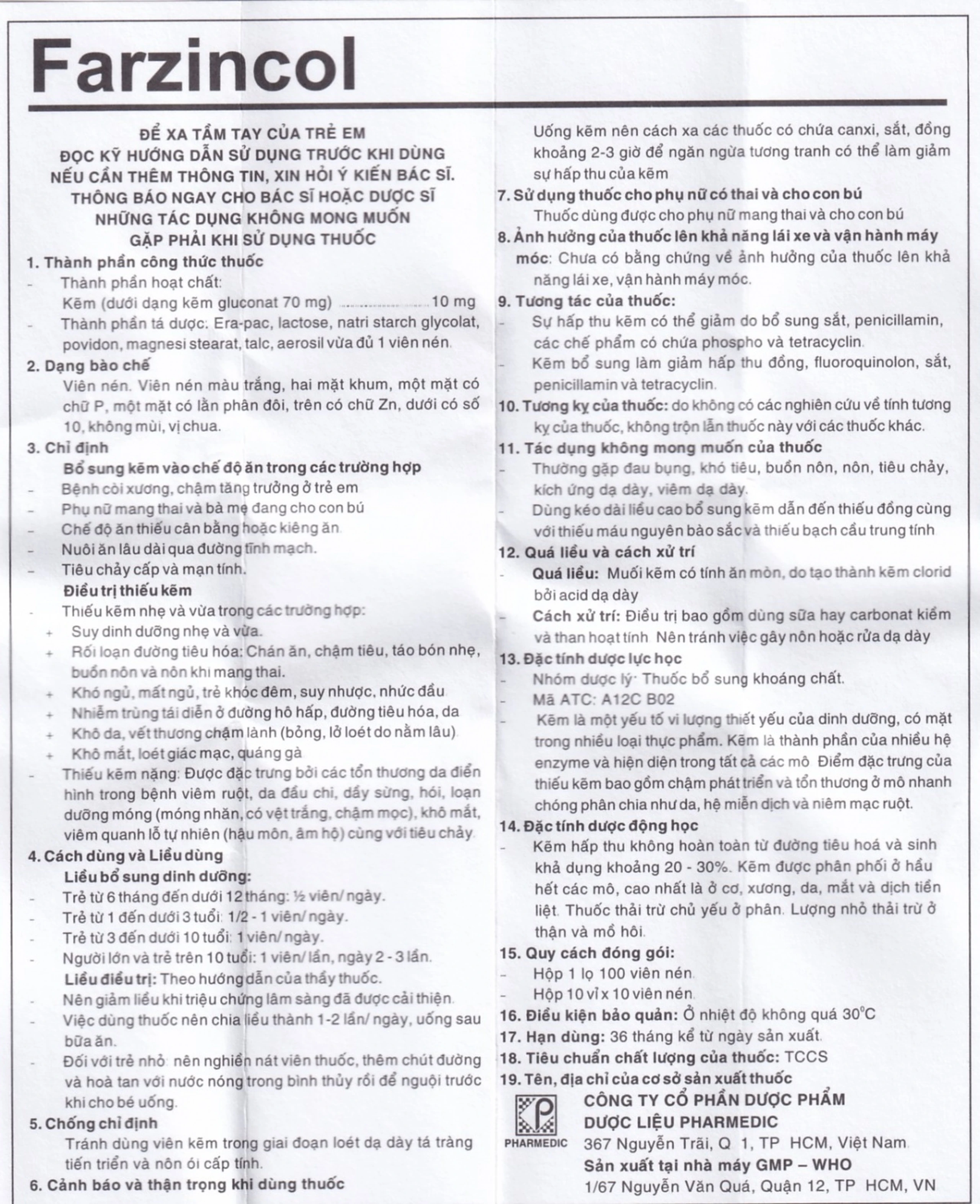 Thuốc Farzincol Pharmedic điều trị thiếu kẽm (100 viên)