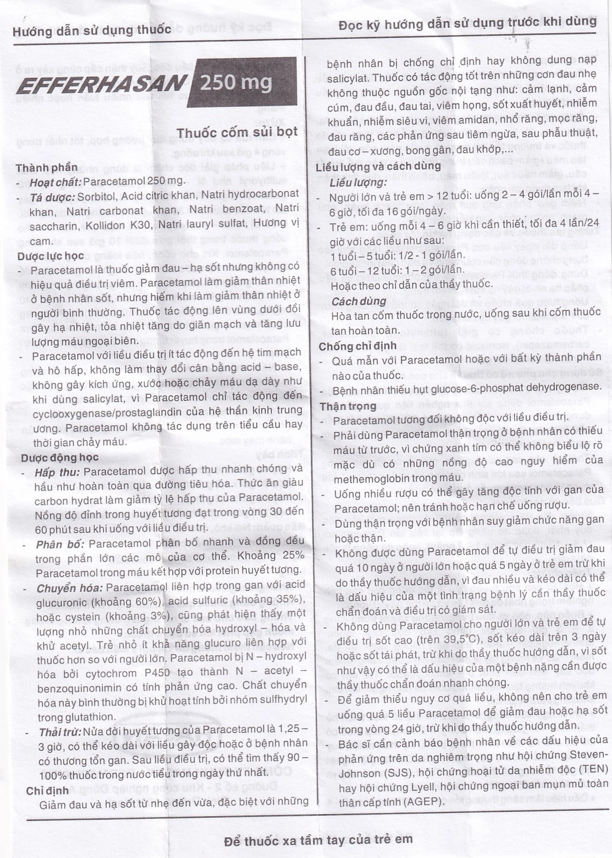 Bột sủi EfferHasan 250mg giảm đau, hạ sốt (30 gói)