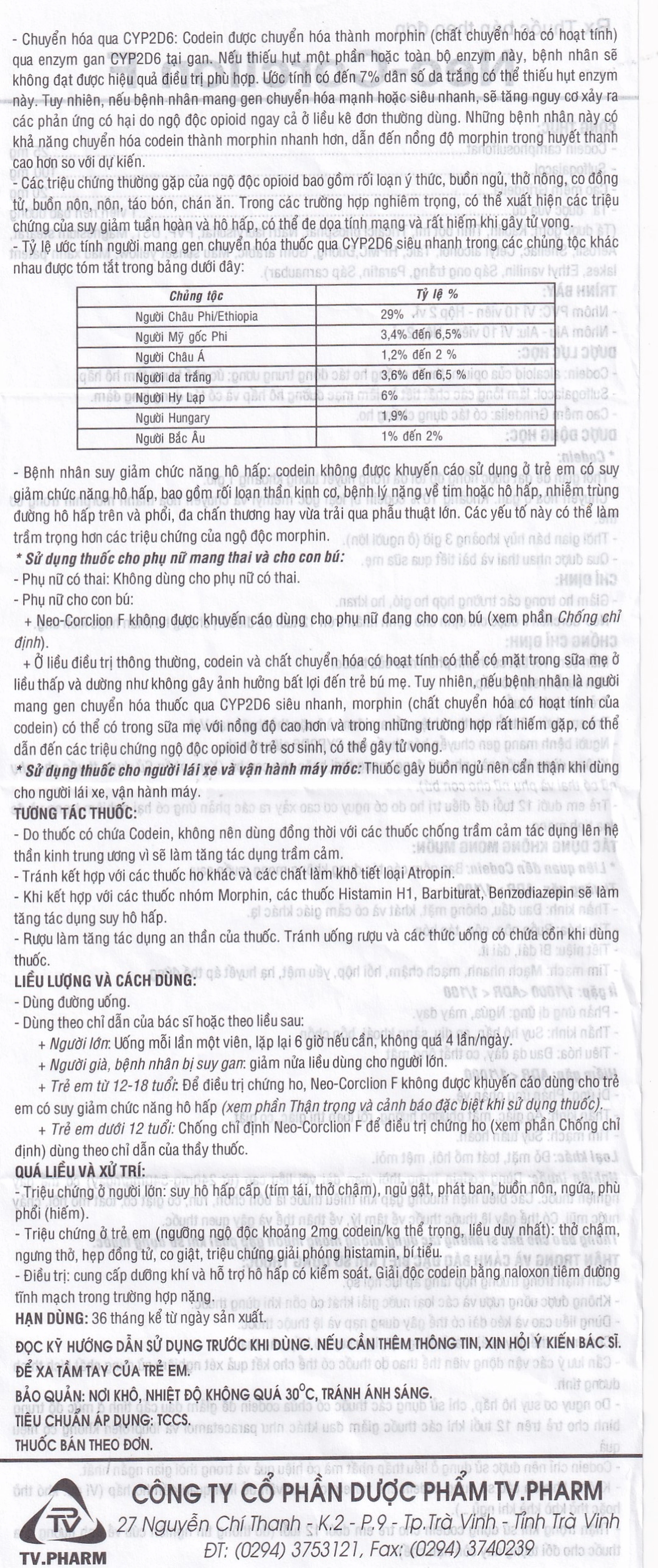 Viên nén Neo-Corclion F TV.Pharm giảm ho gió, ho khan (2 vỉ x 10 viên)