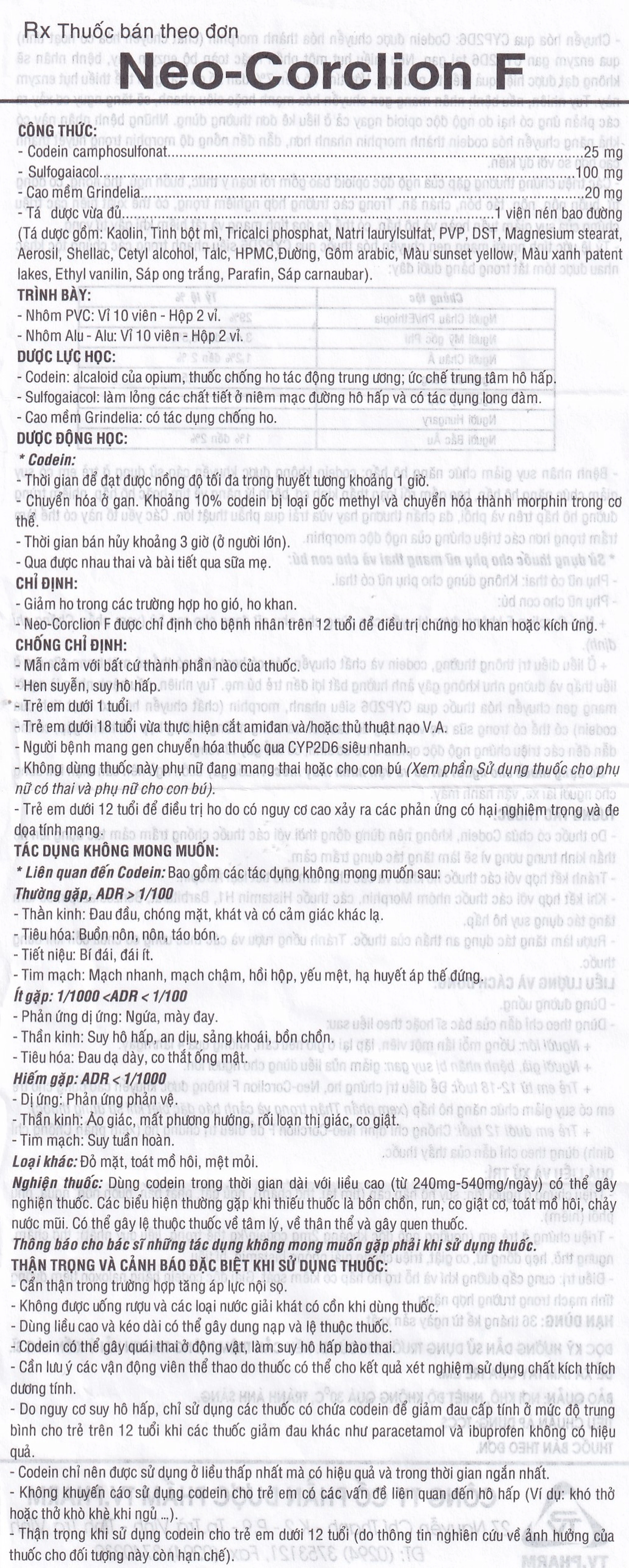 Viên nén Neo-Corclion F TV.Pharm giảm ho gió, ho khan (2 vỉ x 10 viên)