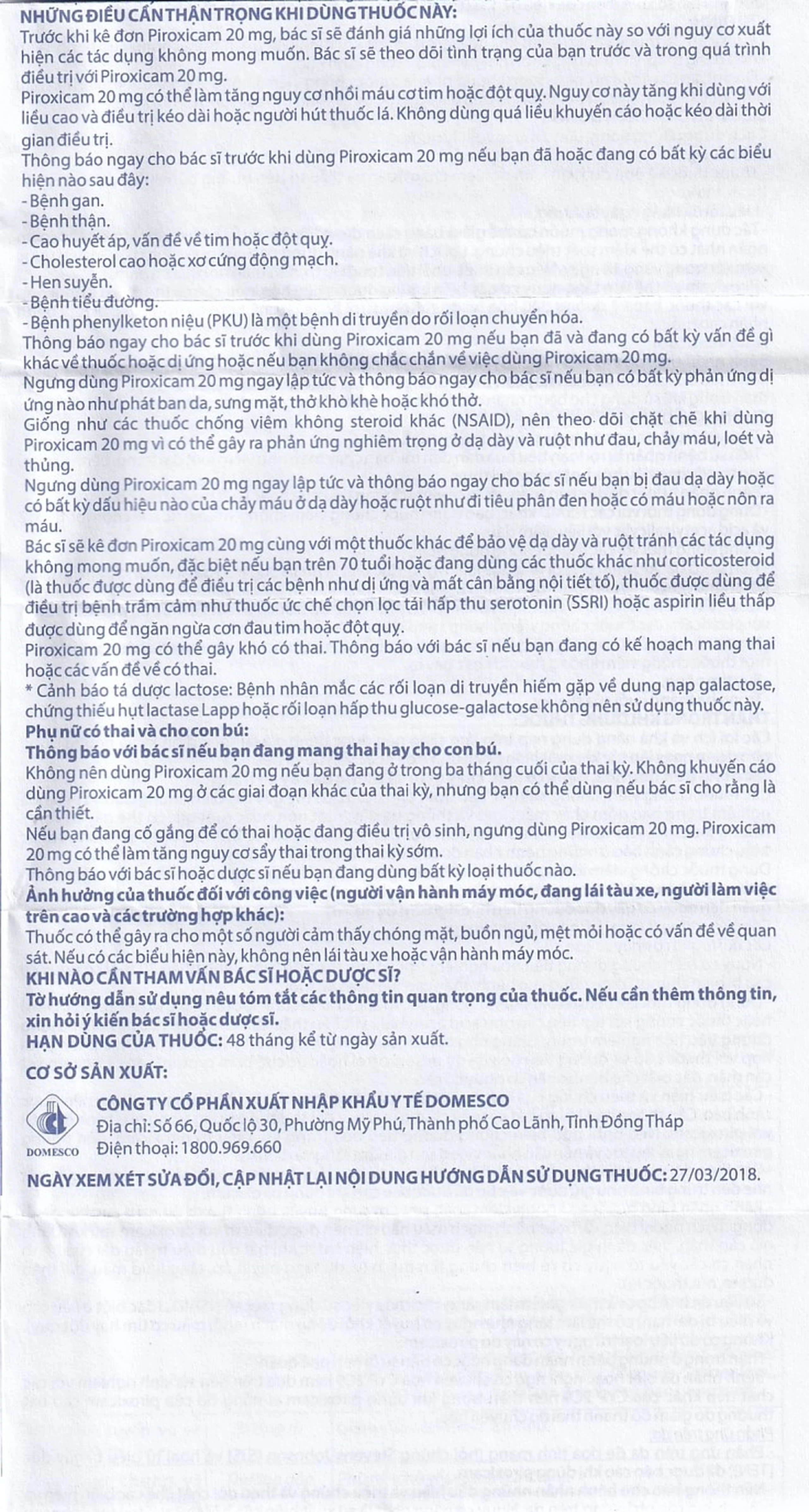 Viên nén Piroxicam 20mg Domesco giảm triệu chứng viêm khớp dạng thấp (3 vỉ x 10 viên)