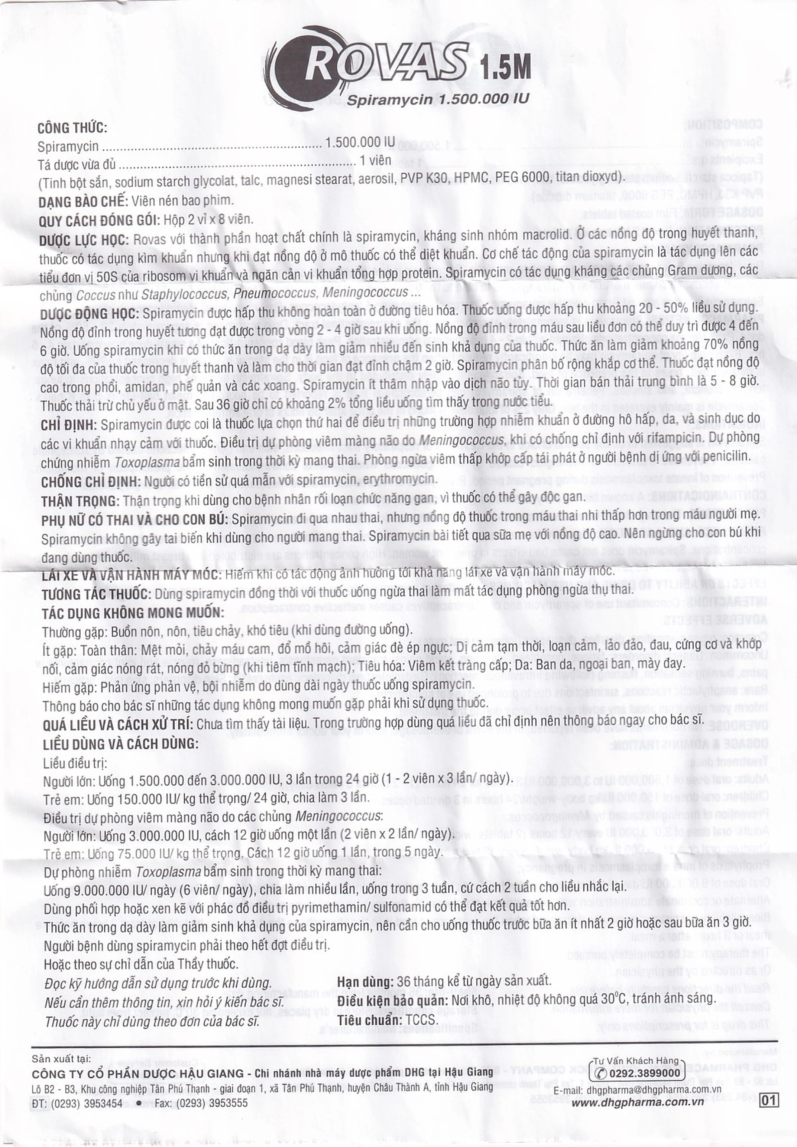 Thuốc Rovas 1.5M IU DHG điều trị nhiễm khuẩn đường hô hấp, da (2 vỉ x 8 viên) 