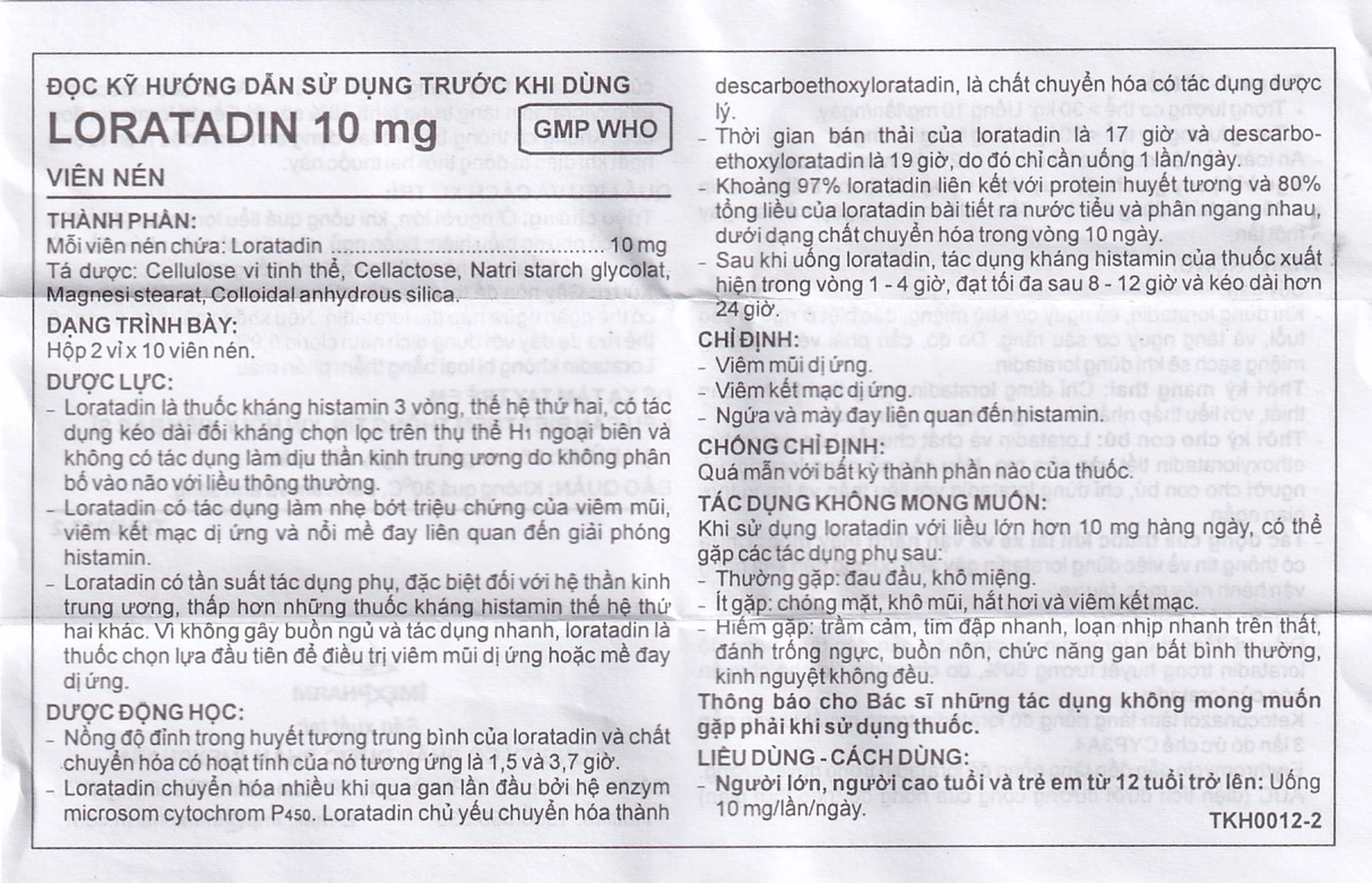 Viên nén Loratadin 10mg Imexpharm chống dị ứng, viêm mũi dị ứng, viêm kết mạc (2 vỉ x 10 viên)