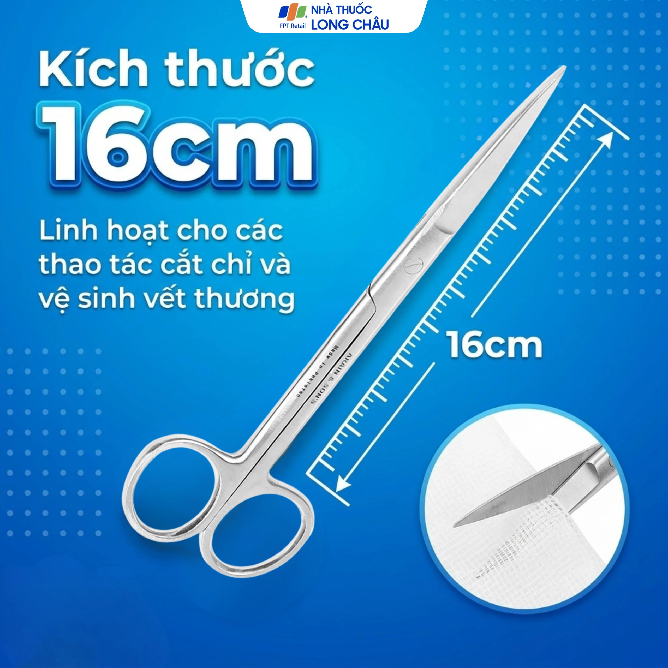 Kéo thẳng 2 đầu nhọn size 16cm dùng cắt gòn thay băng cho bệnh nhân 3