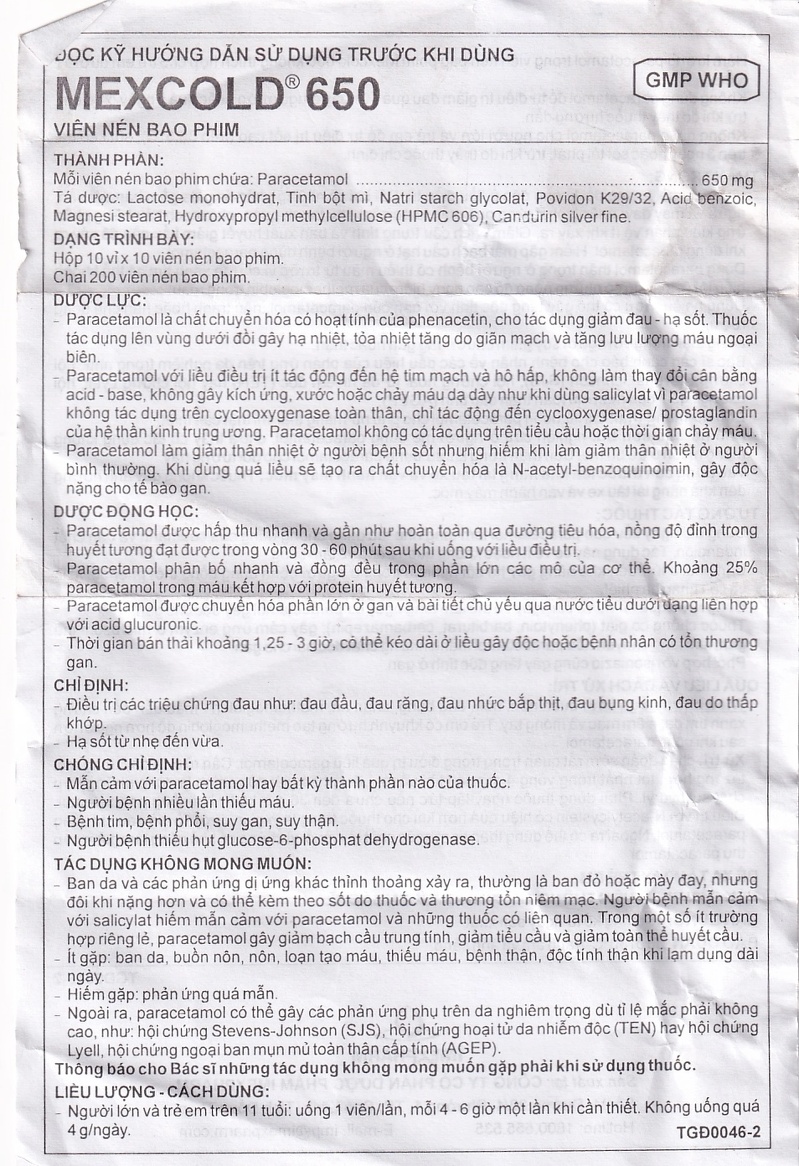 Viên nén Mexcold 650 Imexpharm điều trị đau đầu, đau răng, đau nhức bắp thịt (200 viên)