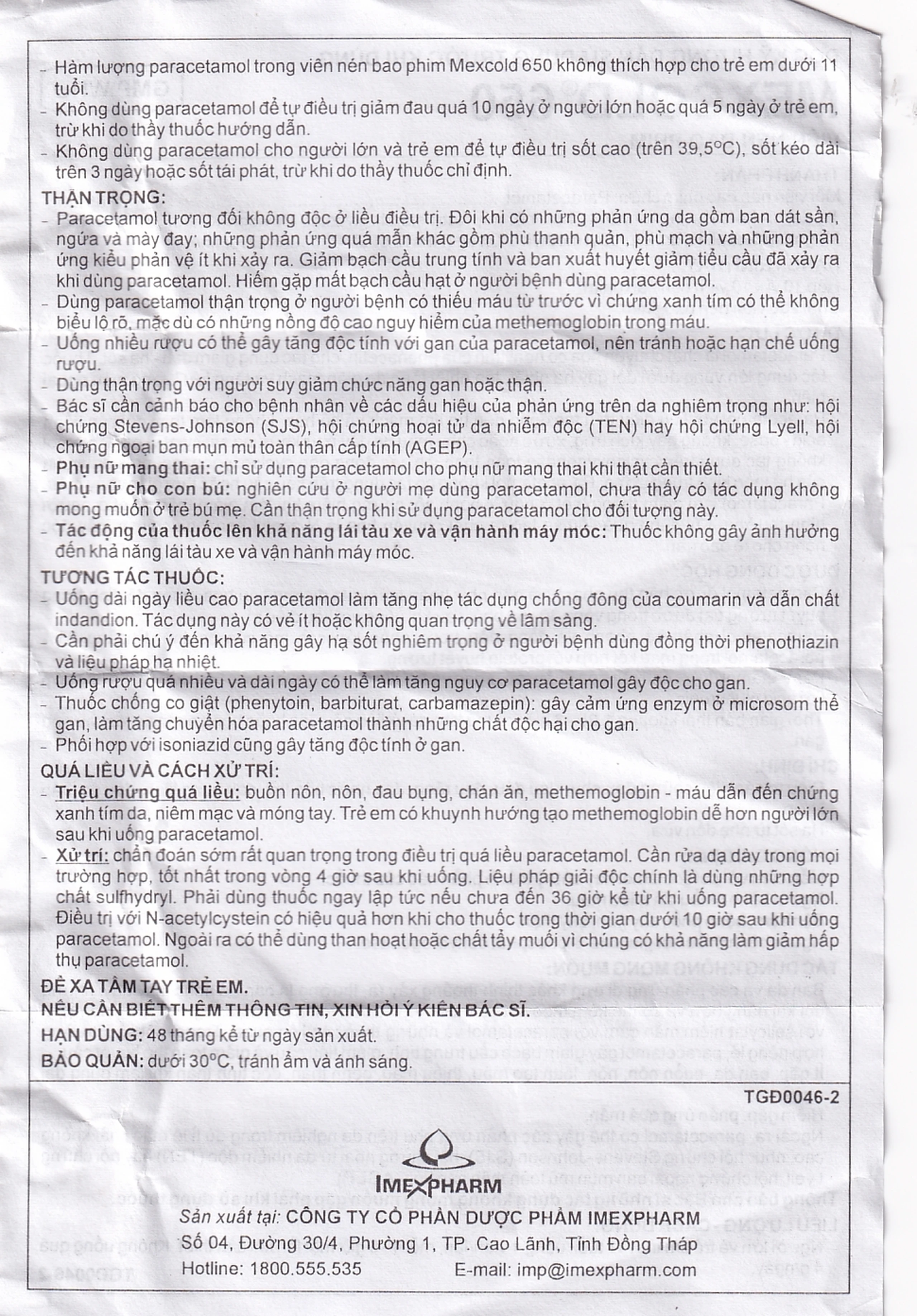 Viên nén Mexcold 650 Imexpharm điều trị đau đầu, đau răng, đau nhức bắp thịt (200 viên)