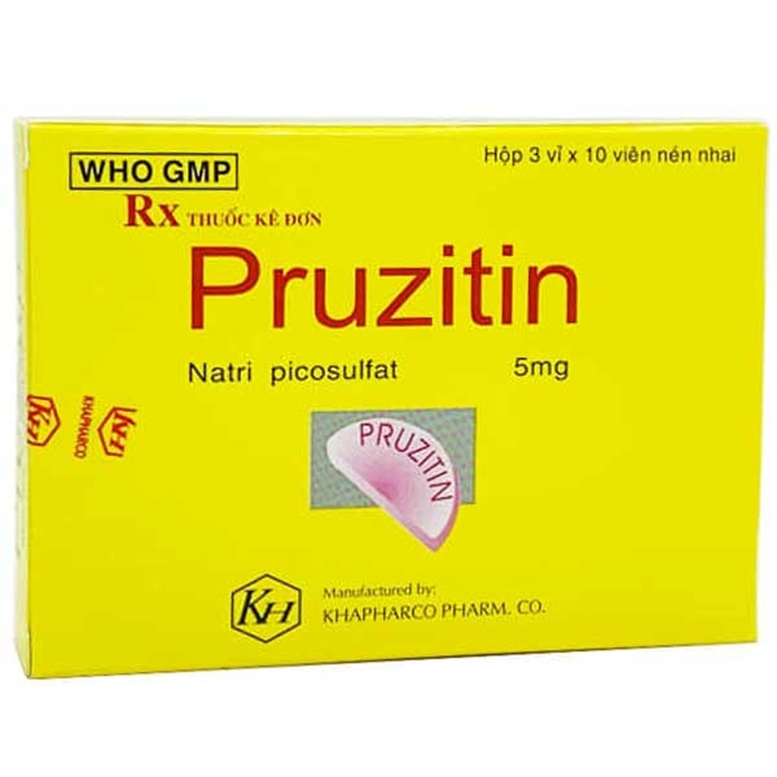 Viên nhai Pruzitin 5mg Khaphaco điều trị táo bón (3 vỉ x 10 viên)