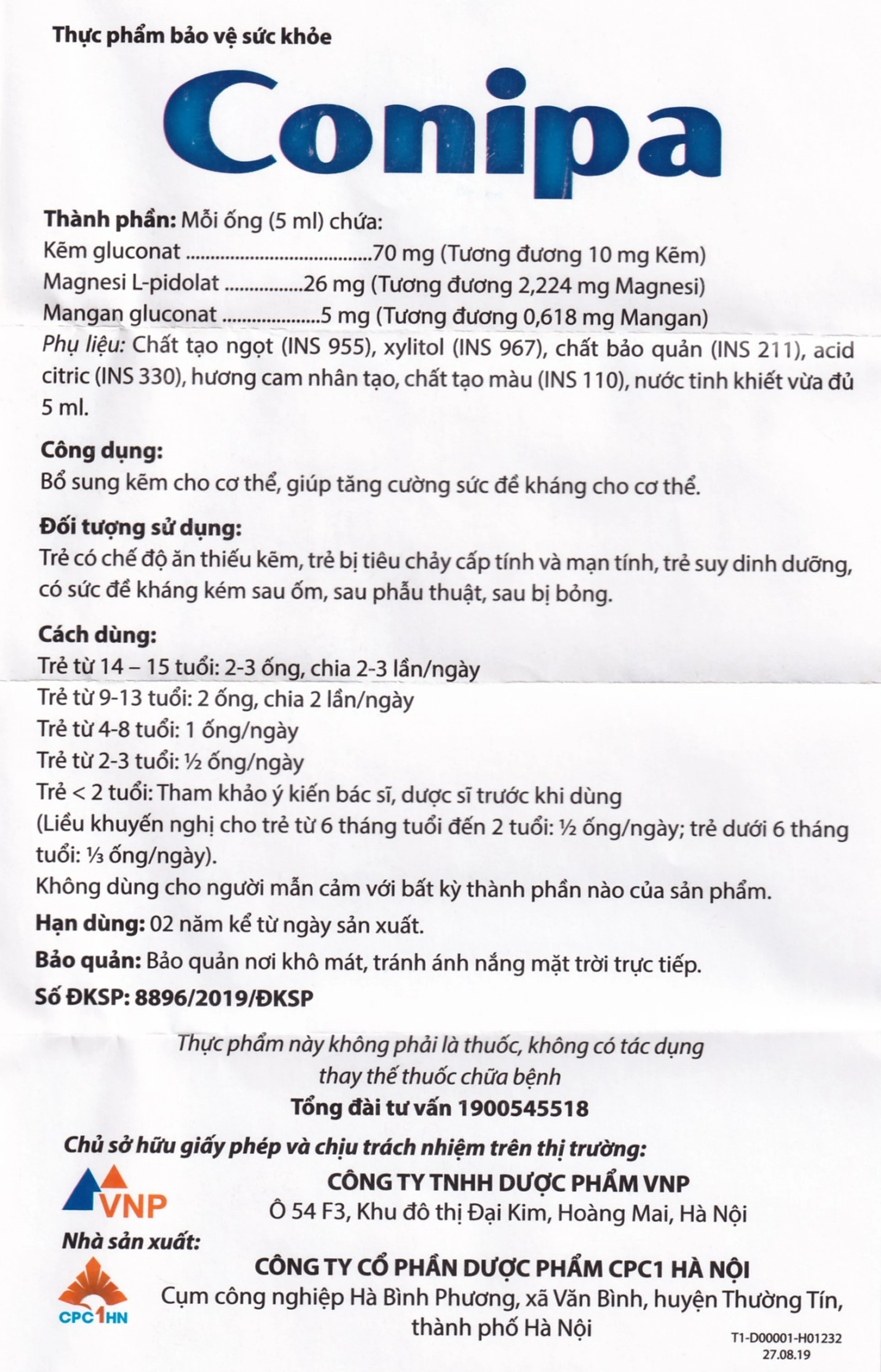 Dung dịch bổ sung kẽm Conipa CPC1 Hà Nội (4 vỉ x 5 ống)