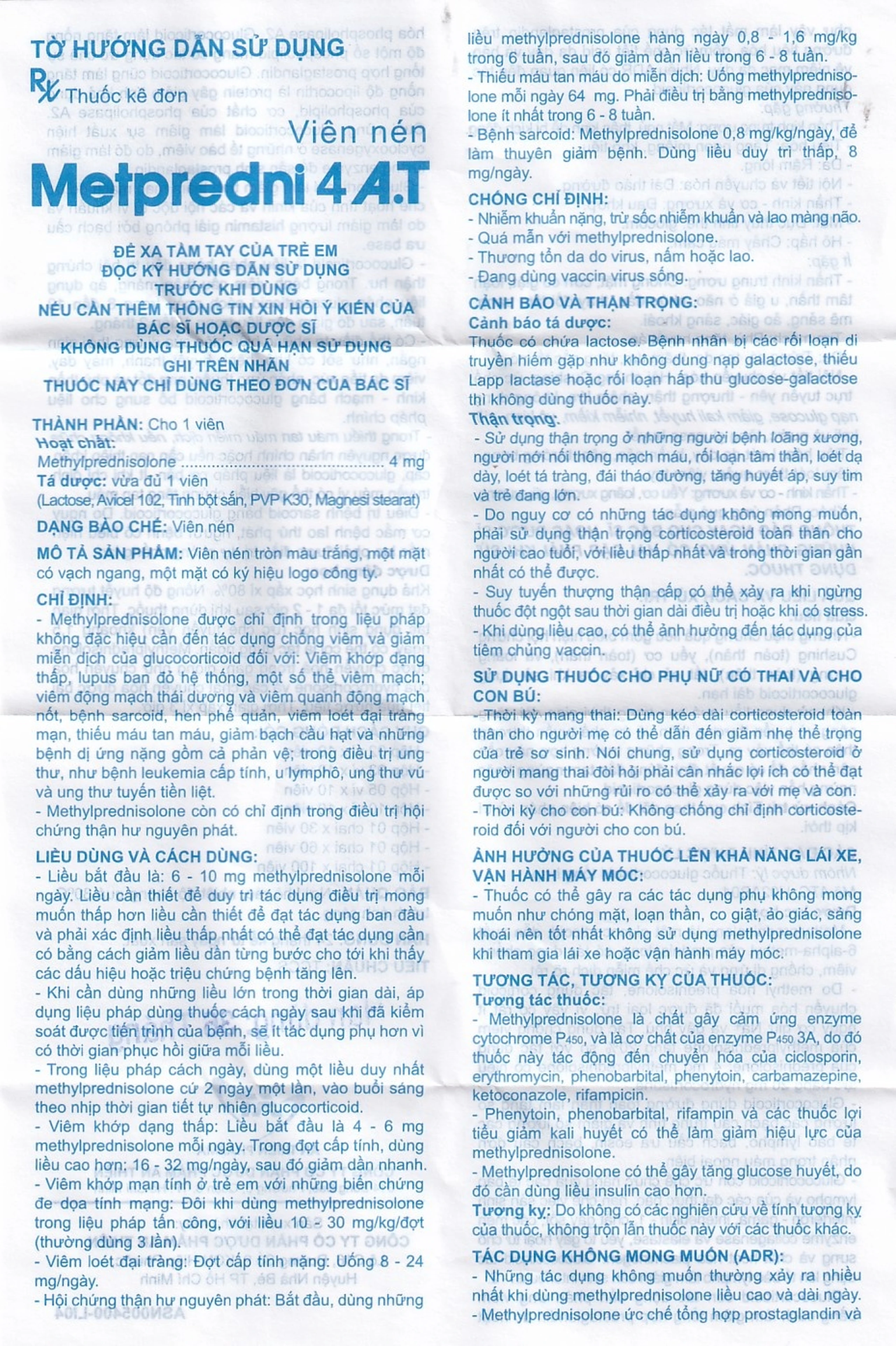 Thuốc Metpredni 4 A.T kháng viêm, điều trị viêm khớp dạng thấp, lupus ban đỏ (10 vỉ x 10 viên)