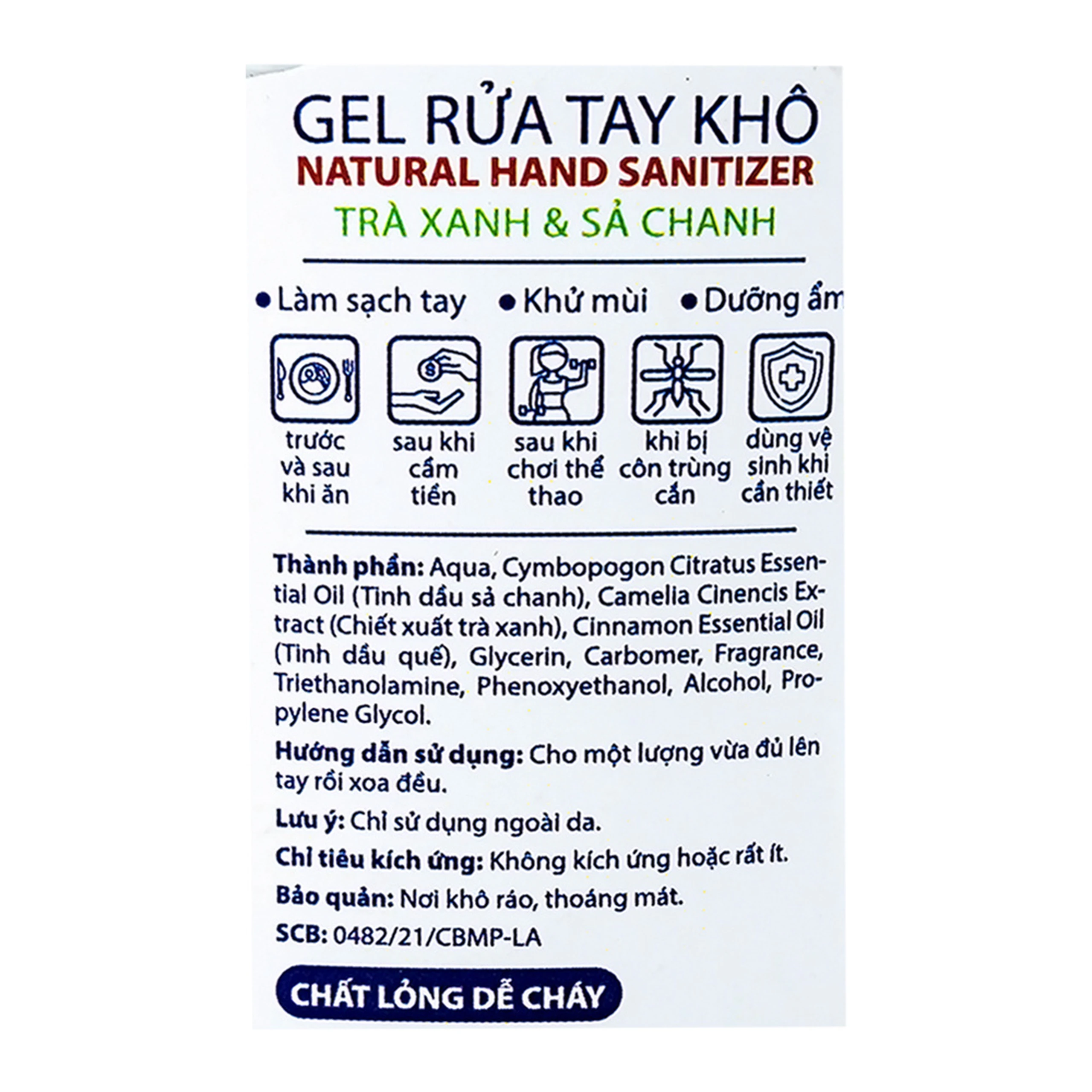 Gel rửa tay khô Natural Hand Sanitizer trà xanh và sả chanh làm sạch tay, khử mùi, dưỡng ẩm (100ml)