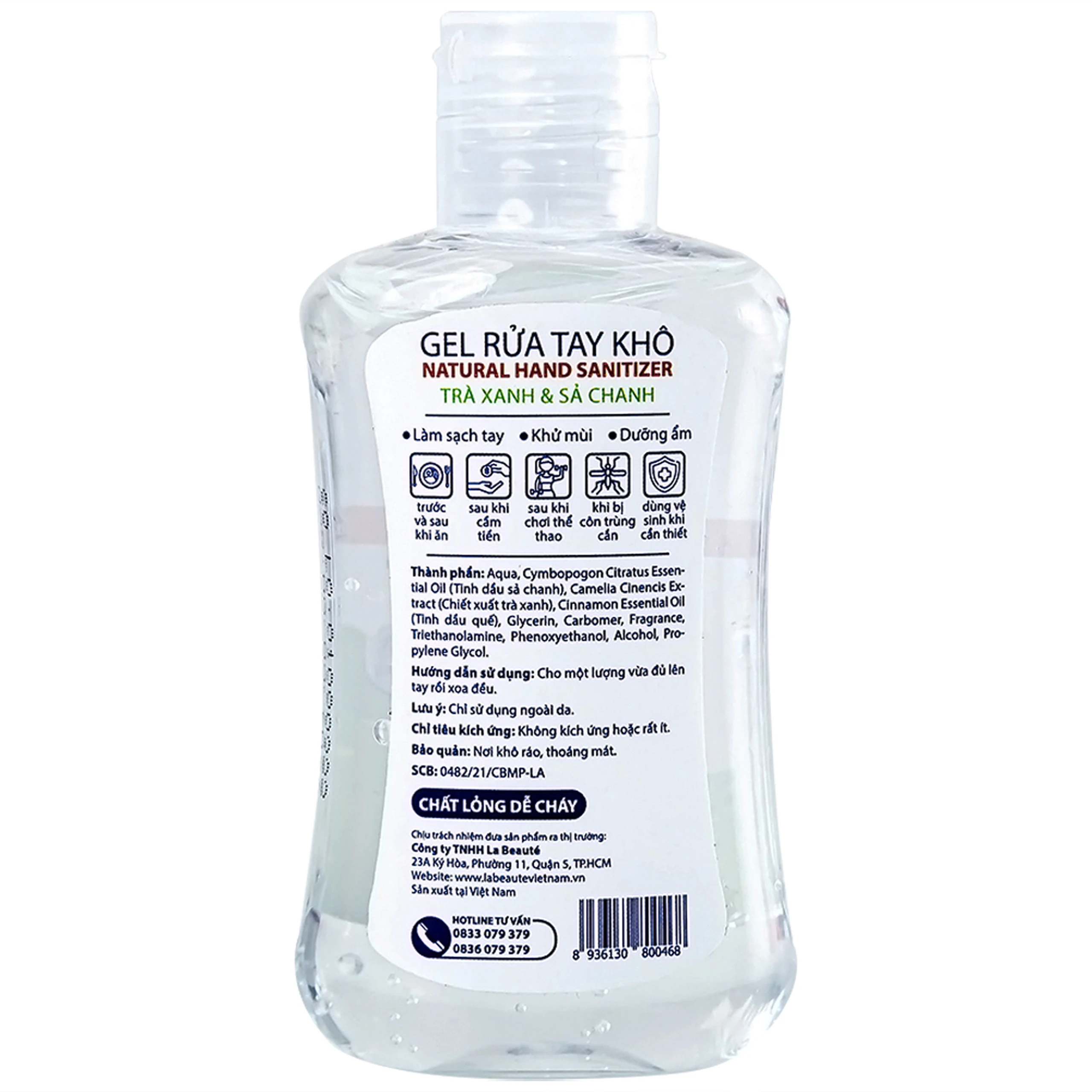 Gel rửa tay khô Natural Hand Sanitizer trà xanh và sả chanh làm sạch tay, khử mùi, dưỡng ẩm (100ml)