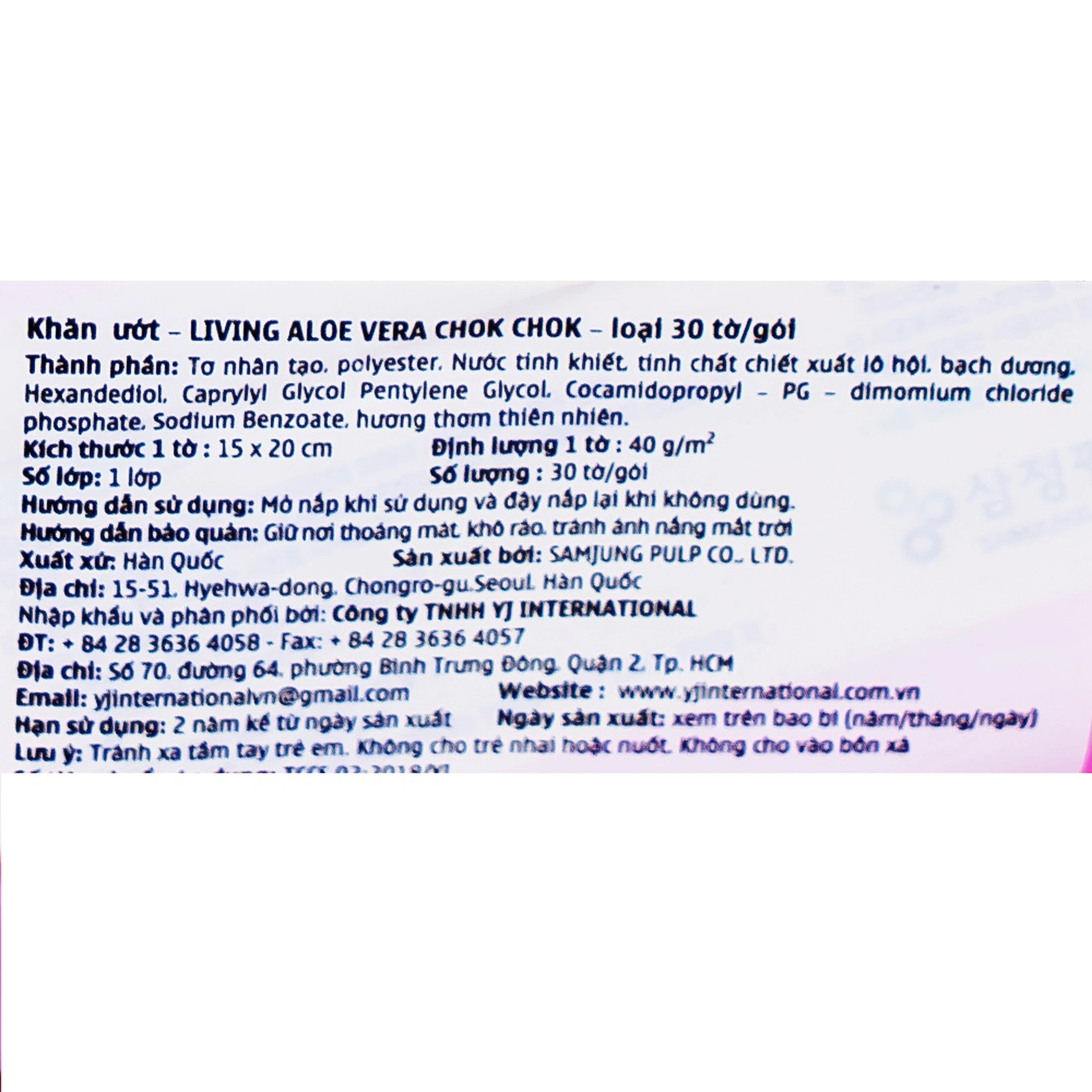 Khăn ướt Living Aloe Vera Chok Chok mềm mại, không xơ, an toàn (30 miếng)