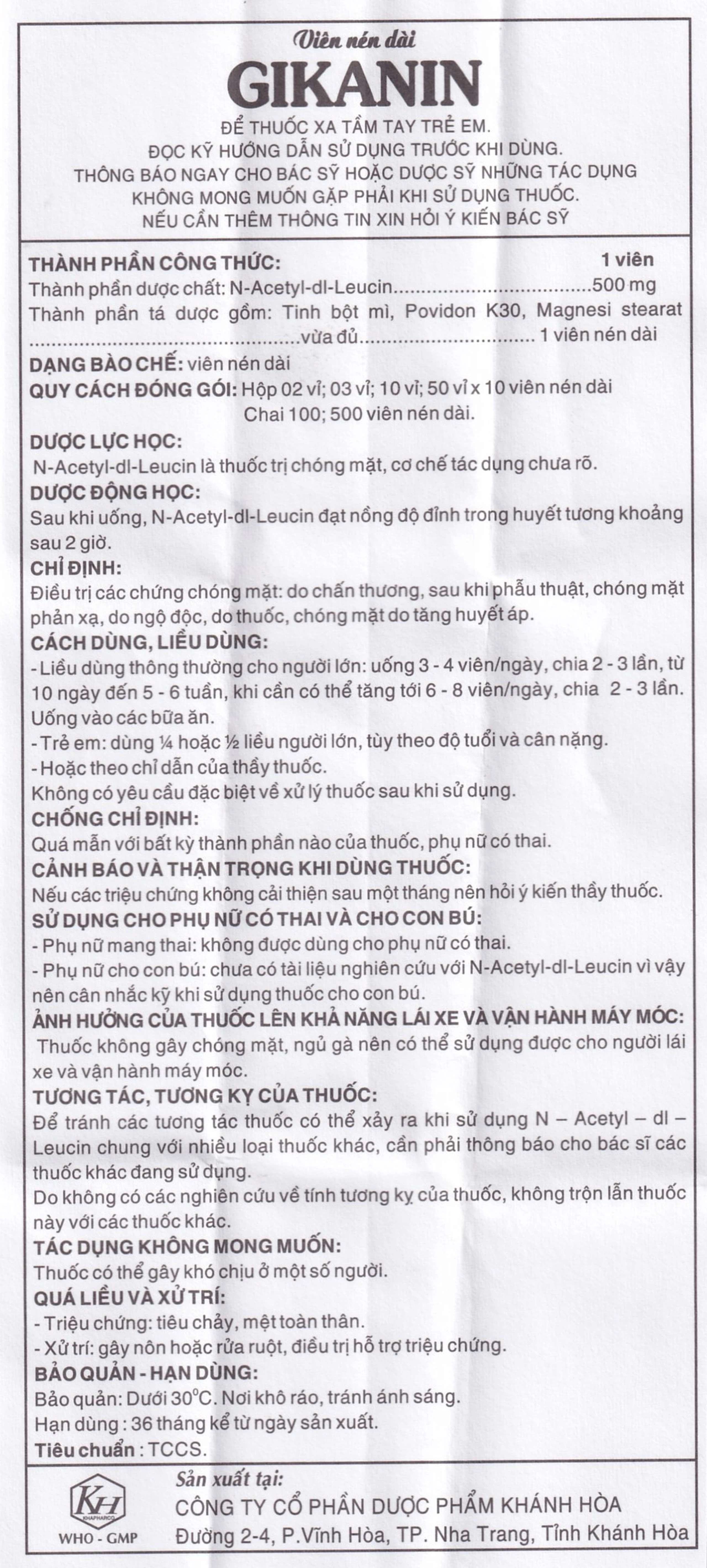 Thuốc Gikanin 500mg Khapharco điều trị chứng chóng mặt (10 vỉ x 10 viên)