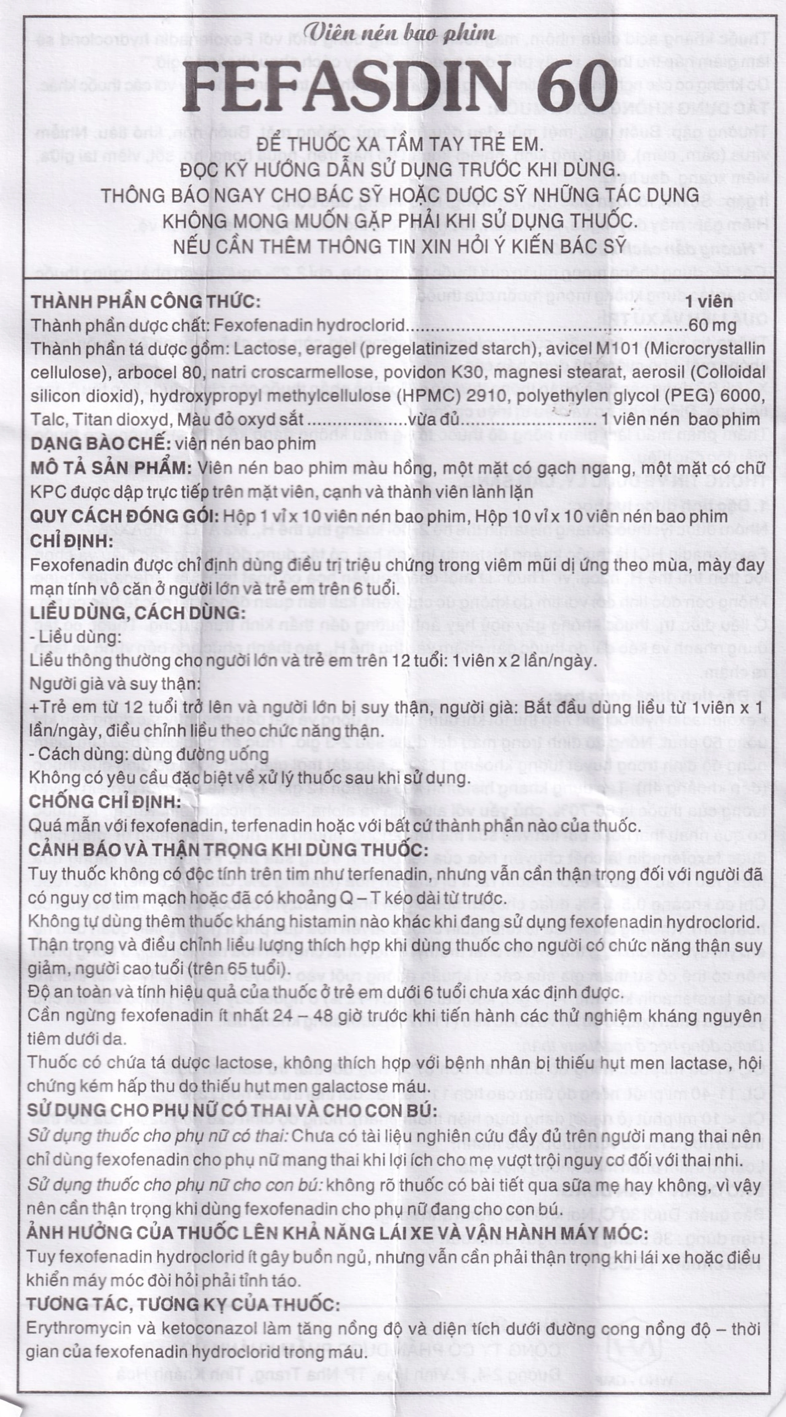 Thuốc Fefasdin 60 Khapharco điều trị viêm mũi dị ứng, mày đay mạn tính vô căn (10 vỉ x 10 viên)