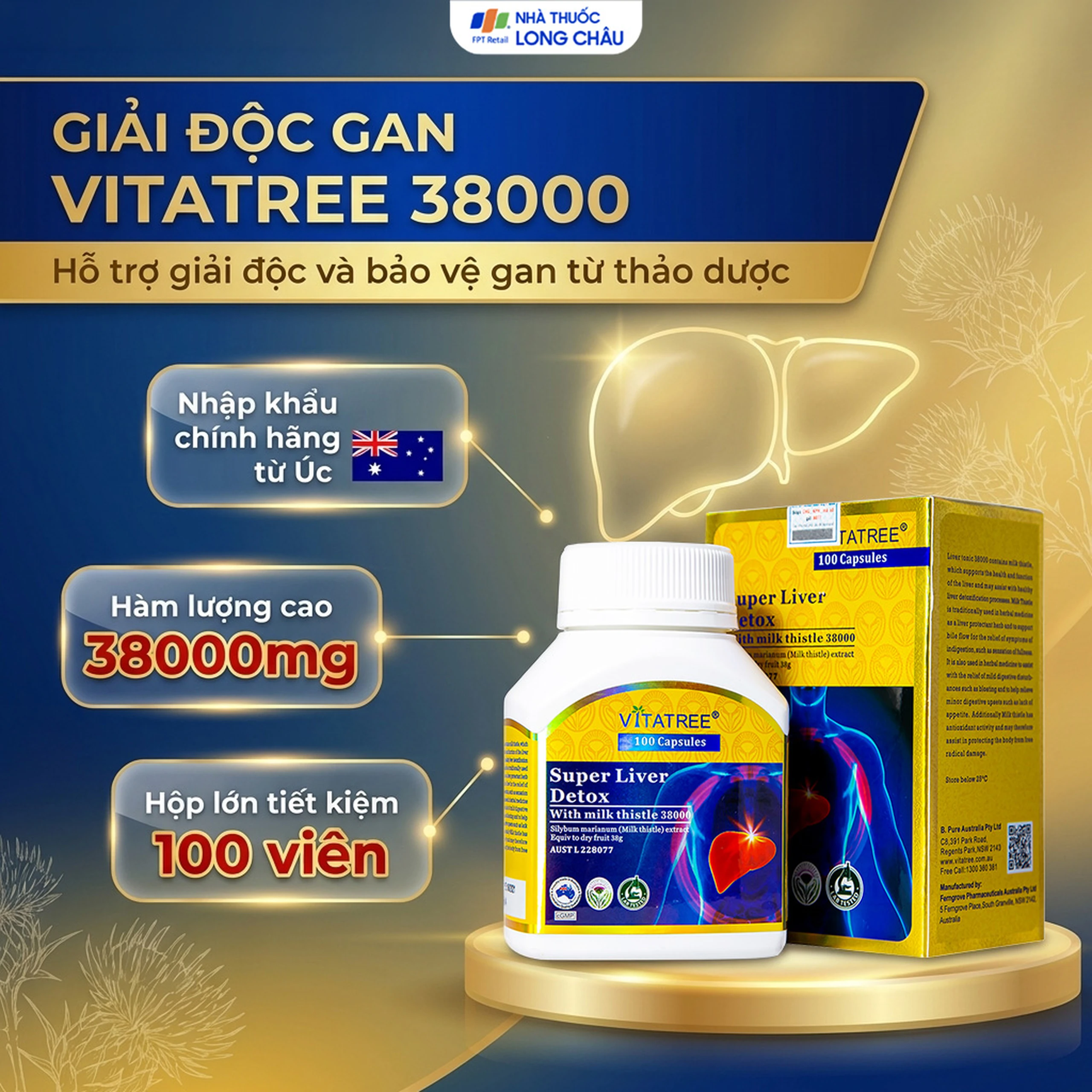 Viên uống hỗ trợ giải độc gan, giảm gan nhiễm mỡ, viêm gan, bảo vệ gan Vitatree Super Liver Detox (100 viên) 2