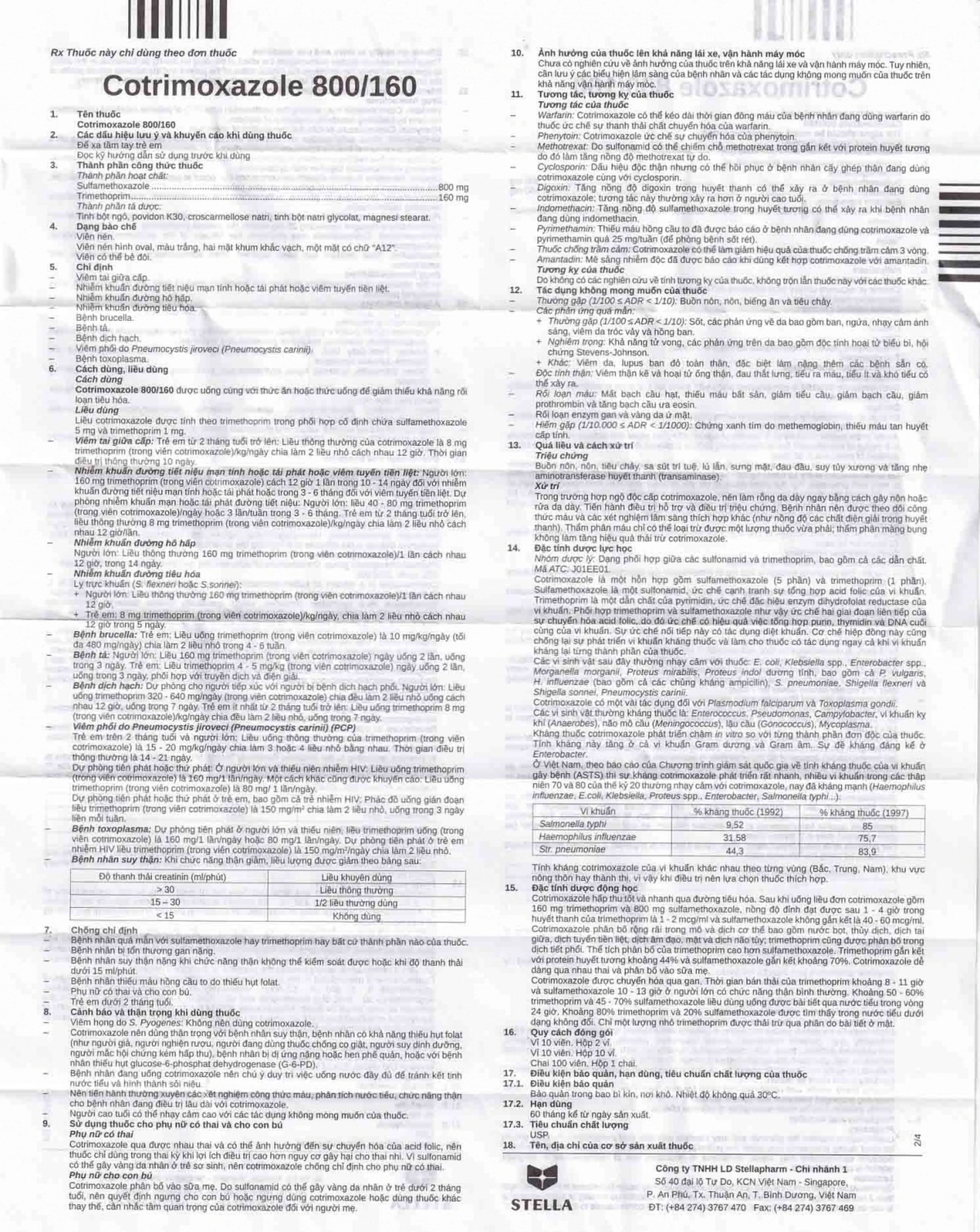 Thuốc Cotrimoxazole 800/160 Stella điều trị nhiễm khuẩn (10 vỉ x 10 viên)