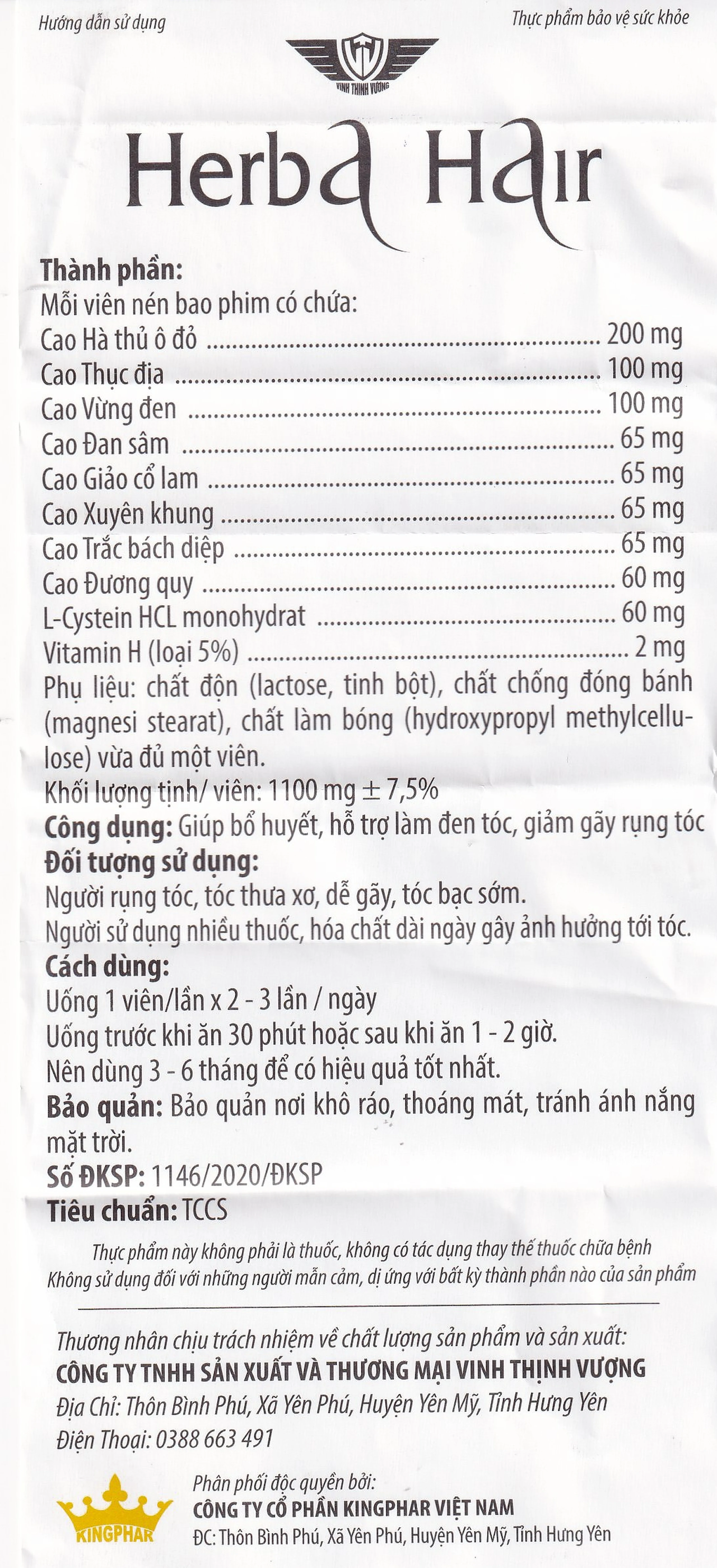 Viên uống hỗ trợ làm đen tóc, giảm gãy rụng Herba Hair Kingphar (60 viên)