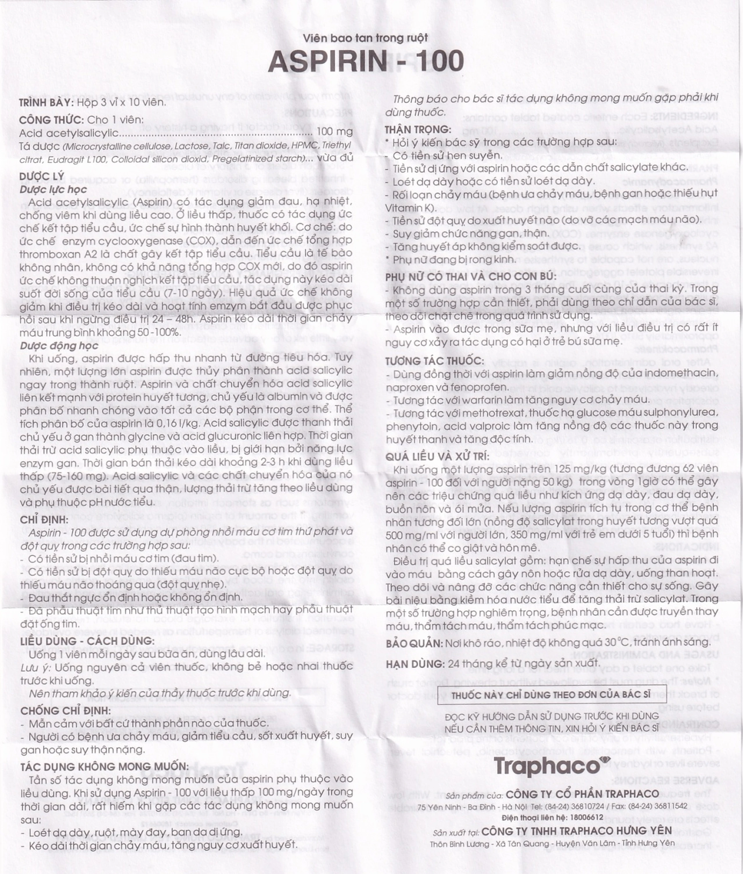Thuốc Aspirin 100mg Traphaco phòng ngừa nhồi máu cơ tim, đột quỵ (3 vỉ x 10 viên)